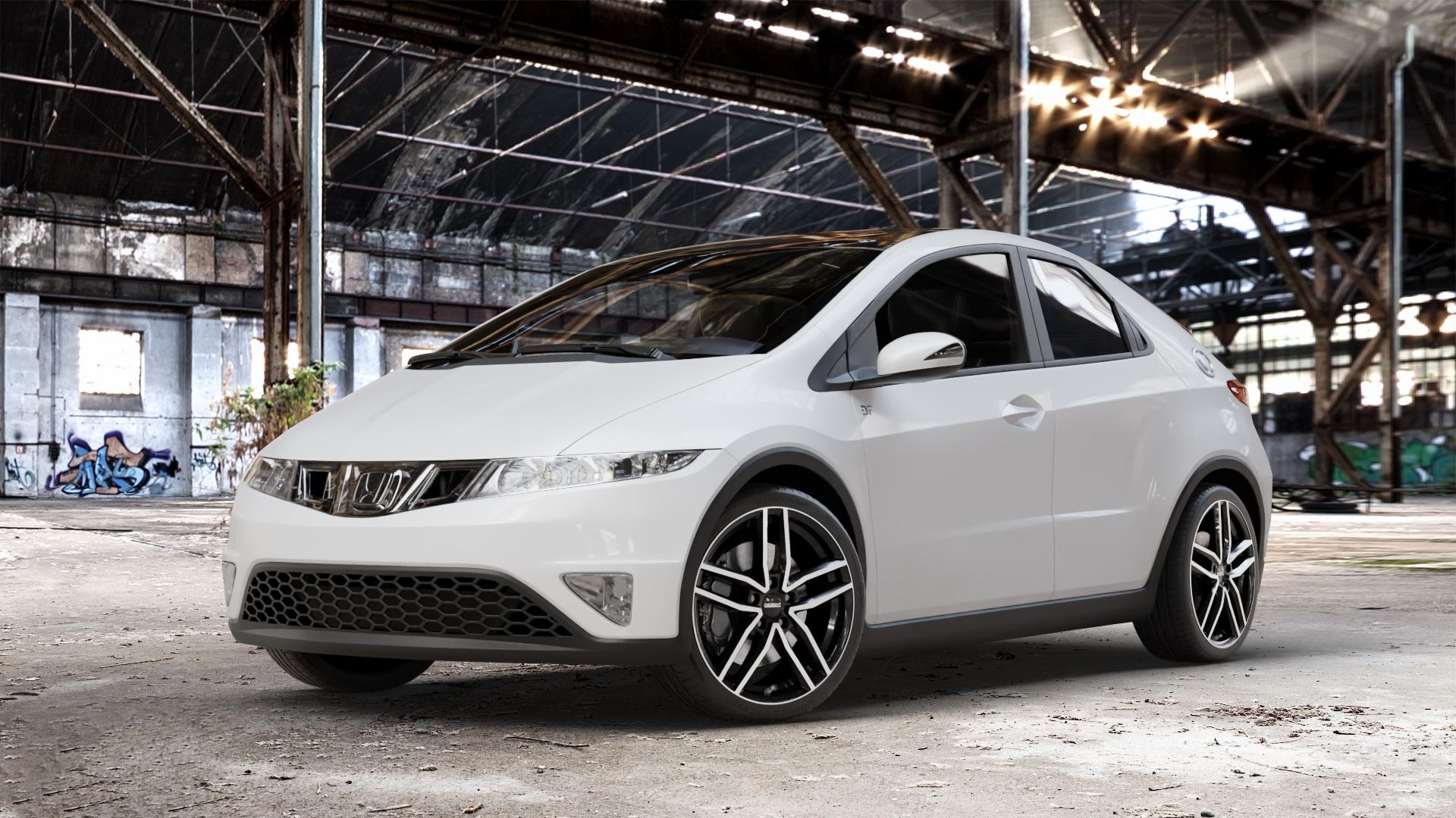 DEZENT TR BLACK/POLISHED Felge mit Reifen silber schwarz in 18Zoll Winterfelge Alufelge auf weissem Honda Civic 8 Fünftürer (FK) 1,4l V-Tec (FK1) 73kW (99 PS) ⬇️ mit 15mm Tieferlegung ⬇️ Old Industrial Hall_max_4400mm_2024 Frontansicht_1