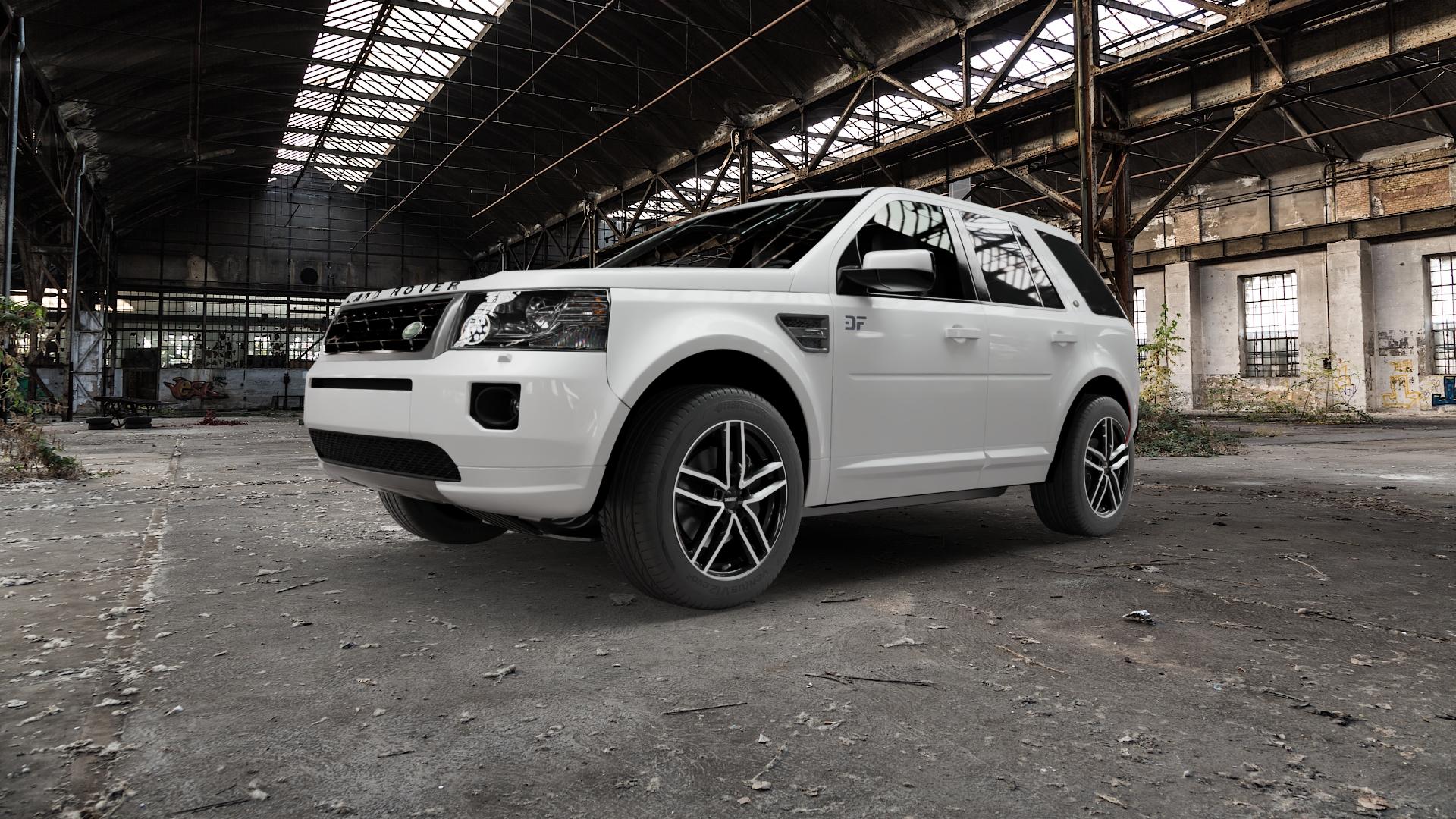 DEZENT TR BLACK/POLISHED Felge mit Reifen silber schwarz in 18Zoll Winterfelge Alufelge auf weissem Land Rover Freelander II Typ LF ⬇️ mit 15mm Tieferlegung ⬇️ Old Industrial Hall_max5000mm_2022 Frontansicht_1