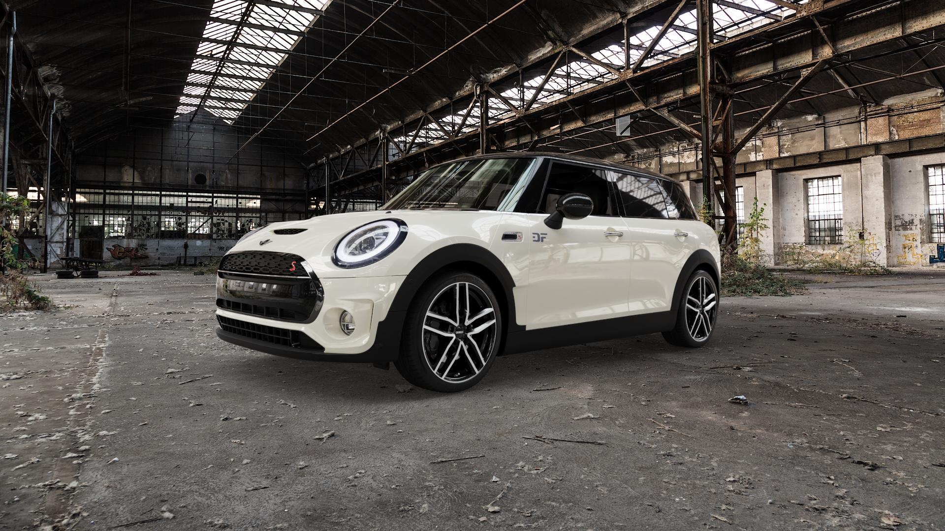 DEZENT TR BLACK/POLISHED Felge mit Reifen silber schwarz in 18Zoll Winterfelge Alufelge auf weissem Mini F54 Typ FMK (Clubman) Facelift ⬇️ mit 15mm Tieferlegung ⬇️ Old Industrial Hall_max5000mm_2022 Frontansicht_1