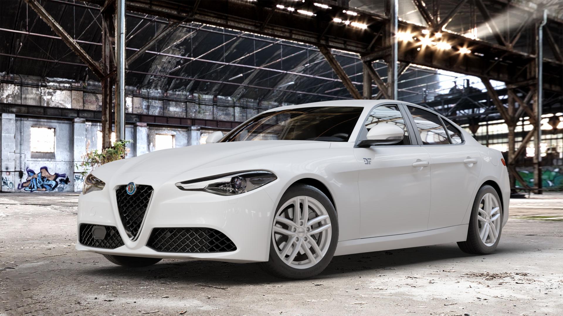 DEZENT TR SILVER Felge mit Reifen silber in 17Zoll Winterfelge Alufelge auf weissem Alfa Romeo Giulia Typ 952 ⬇️ mit 15mm Tieferlegung ⬇️ Old Industrial Hall_max_4400mm_2024 Frontansicht_1