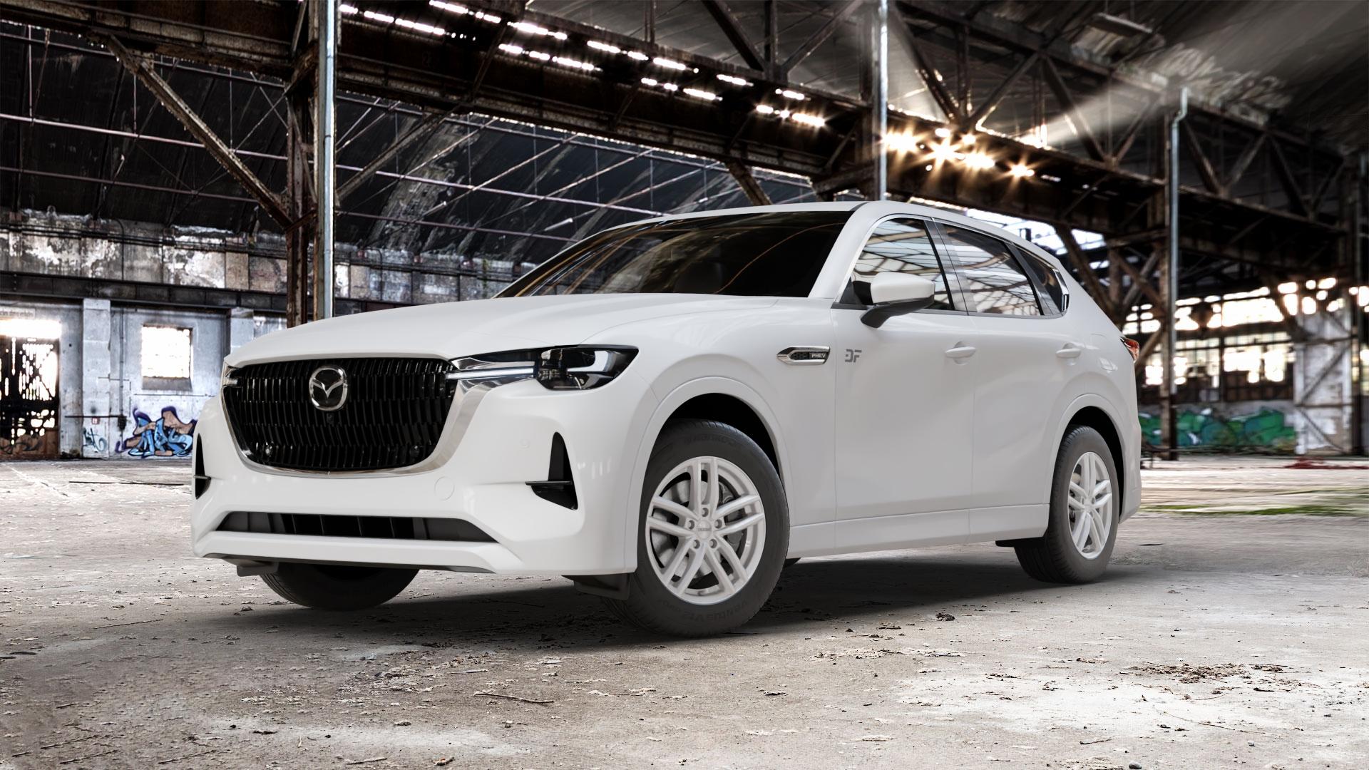 DEZENT TR SILVER Felge mit Reifen silber in 17Zoll Winterfelge Alufelge auf weissem Mazda CX-60 Typ KH01 CX ⬇️ mit 15mm Tieferlegung ⬇️ Old Industrial Hall_max_5300mm_2024 Frontansicht_1