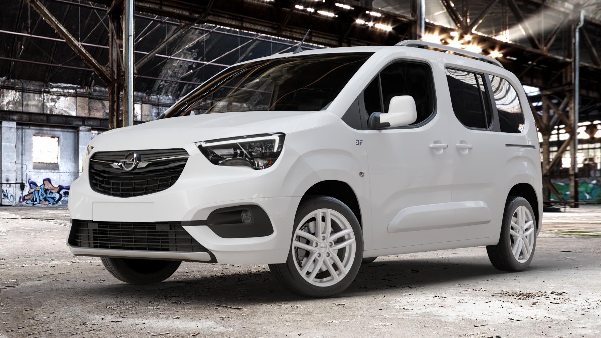 DEZENT TR SILVER Felge mit Reifen silber in 17Zoll Winterfelge Alufelge auf weissem Opel Combo E Life ⬇️ mit 15mm Tieferlegung ⬇️ Old Industrial Hall_max_4400mm_2024 Frontansicht_1