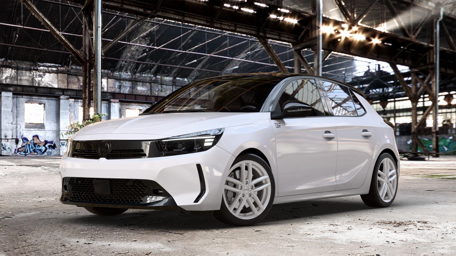 DEZENT TR SILVER Felge mit Reifen silber in 17Zoll Winterfelge Alufelge auf weissem Opel Corsa F Typ U Facelift 0,0l 57kW Corsa-e (77 PS) 62kW (84 1,2l Turbo 74kW Mild-Hybrid (101 100kW (136 ⬇️ mit 15mm Tieferlegung ⬇️ Old Industrial Hall_max_4400mm_2024 Frontansicht_1