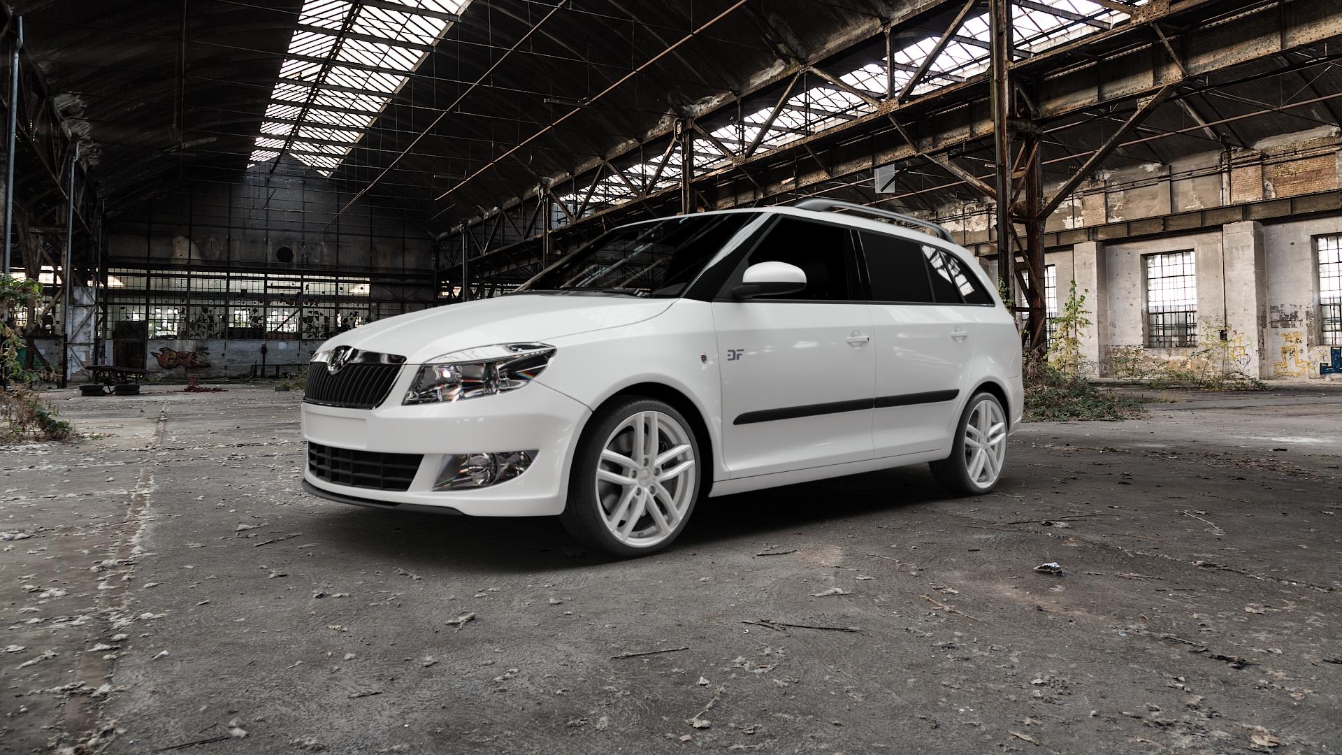 DEZENT TR SILVER Felge mit Reifen silber in 17Zoll Winterfelge Alufelge auf weissem Skoda Fabia II Kombi Typ 5J Facelift ⬇️ mit 15mm Tieferlegung ⬇️ Old Industrial Hall_max5000mm_2022 Frontansicht_1