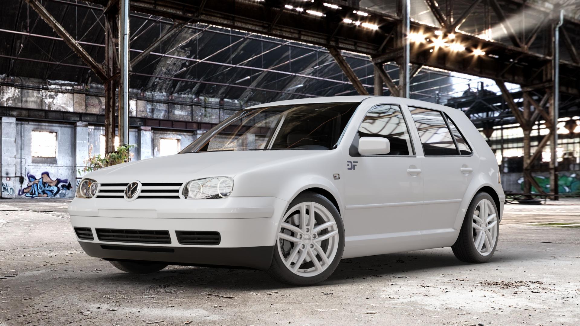 DEZENT TR SILVER Felge mit Reifen silber in 17Zoll Winterfelge Alufelge auf weissem Volkswagen (VW) Golf 4 Cabrio Variant ⬇️ mit 15mm Tieferlegung ⬇️ Old Industrial Hall_max_4400mm_2024 Frontansicht_1