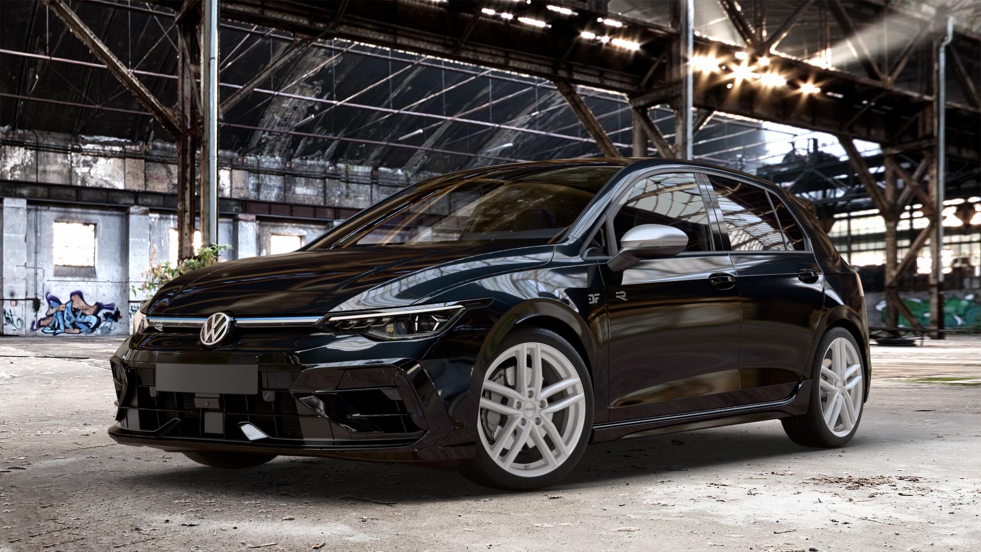 DEZENT TR SILVER Felge mit Reifen silber in 18Zoll Winterfelge Alufelge auf metallic schwarzem Volkswagen (VW) Golf 8 Facelift 2,0l R 4Motion 245kW (333 PS) ⬇️ mit 15mm Tieferlegung ⬇️ Old Industrial Hall_max_4400mm_2024 Frontansicht_1