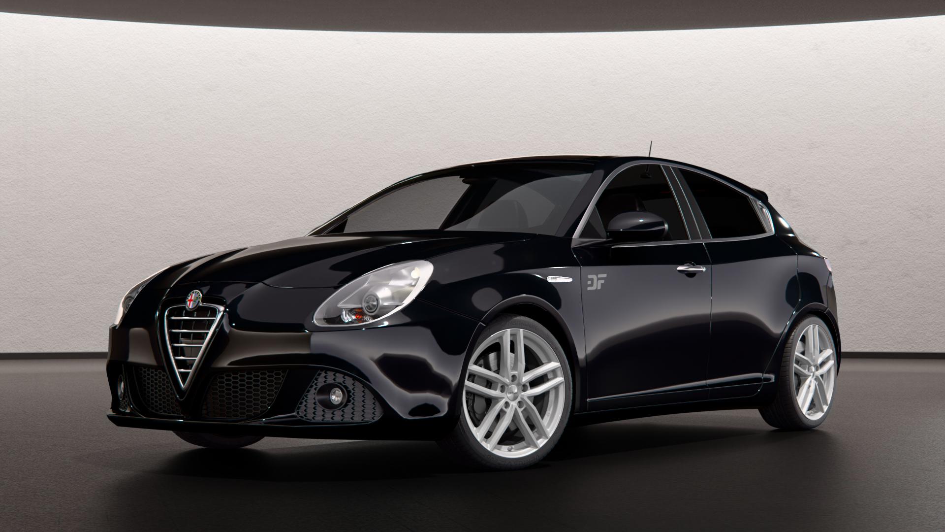 DEZENT TR SILVER Felge mit Reifen silber in 18Zoll Winterfelge Alufelge auf schwarzem metallic Alfa Romeo Giulietta Typ 940 ⬇️ mit 15mm Tieferlegung ⬇️ Neutral Scene Mark III 2026_max 4400mm Frontansicht_1