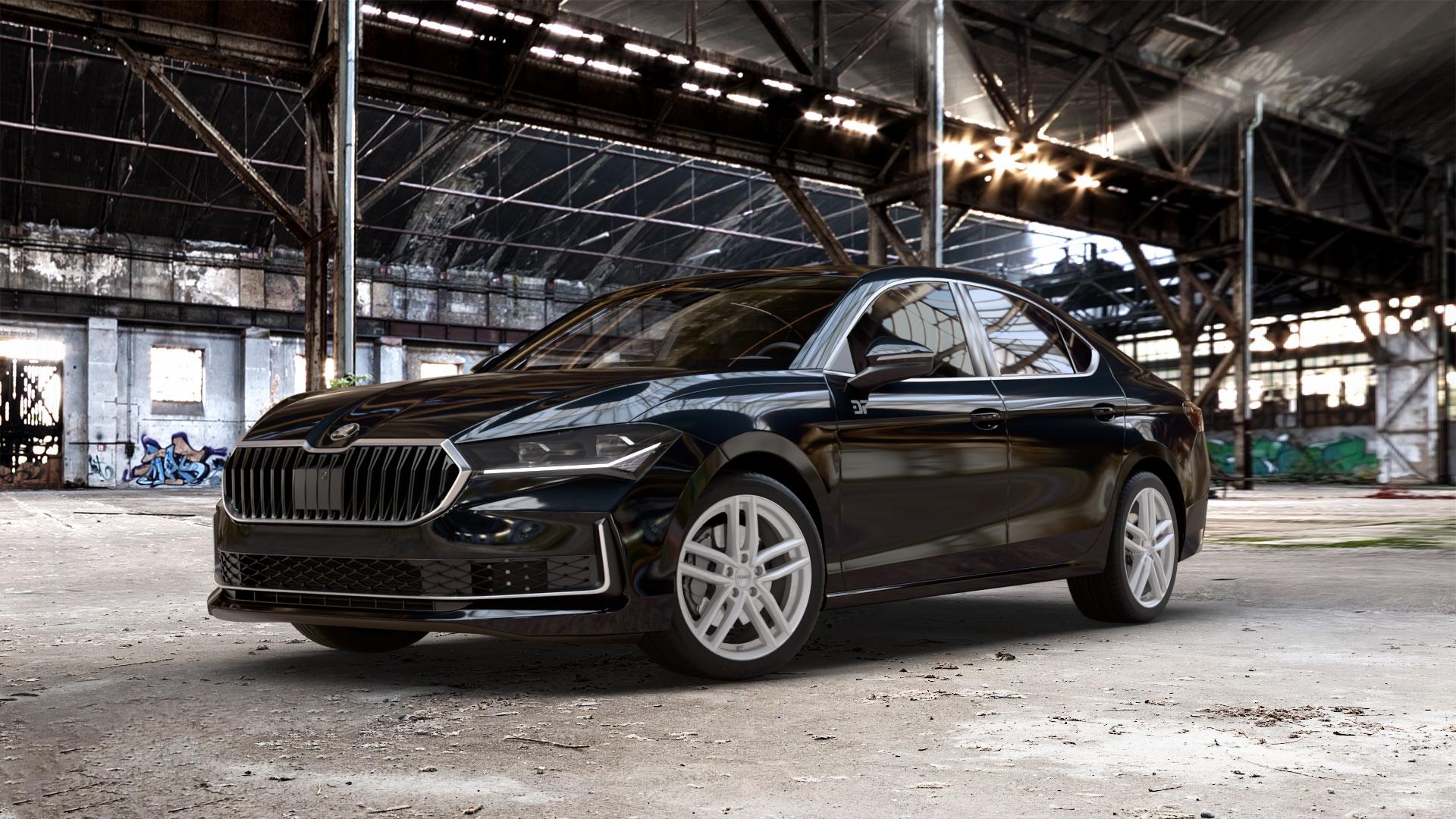 DEZENT TR SILVER Felge mit Reifen silber in 18Zoll Winterfelge Alufelge auf schwarzem metallic Skoda Superb IV Typ NZ ⬇️ mit 15mm Tieferlegung ⬇️ Old Industrial Hall_max_5300mm_2024 Frontansicht_1