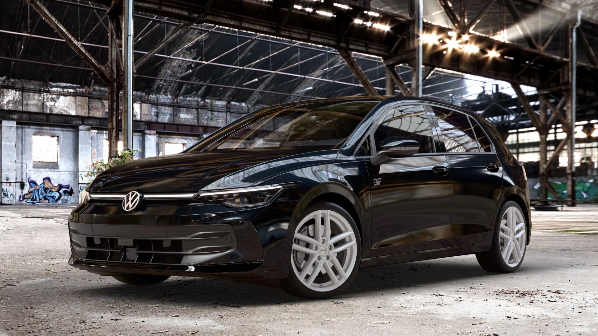DEZENT TR SILVER Felge mit Reifen silber in 18Zoll Winterfelge Alufelge auf schwarzem Volkswagen (VW) Golf 8 Facelift ⬇️ mit 15mm Tieferlegung ⬇️ Old Industrial Hall_max_4400mm_2024 Frontansicht_1