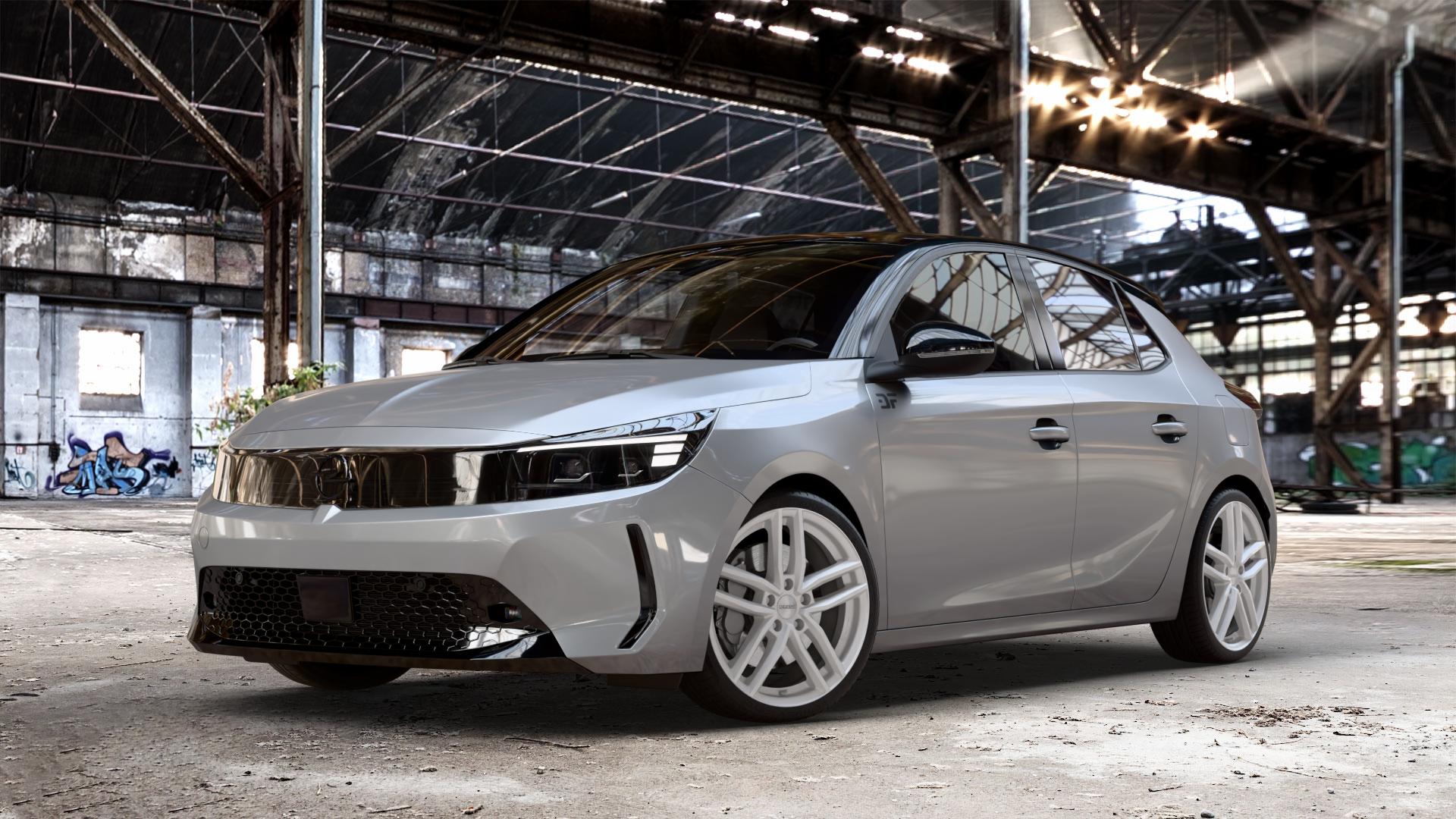 DEZENT TR SILVER Felge mit Reifen silber in 18Zoll Winterfelge Alufelge auf silbernem Opel Corsa F Typ U Facelift ⬇️ mit 15mm Tieferlegung ⬇️ Old Industrial Hall_max_4400mm_2024 Frontansicht_1
