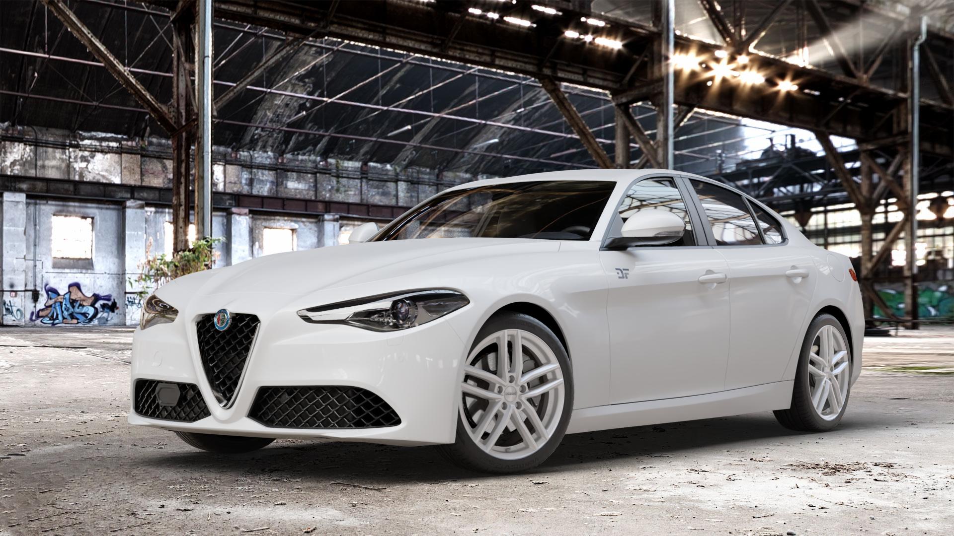 DEZENT TR SILVER Felge mit Reifen silber in 18Zoll Winterfelge Alufelge auf weissem Alfa Romeo Giulia Typ 952 ⬇️ mit 15mm Tieferlegung ⬇️ Old Industrial Hall_max_4400mm_2024 Frontansicht_1