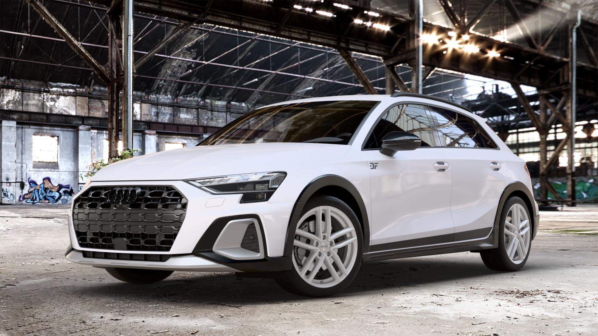 DEZENT TR SILVER Felge mit Reifen silber in 18Zoll Winterfelge Alufelge auf weissem Audi A3 Typ GY (Allstreet) ⬇️ mit 15mm Tieferlegung ⬇️ Old Industrial Hall_max_4400mm_2024 Frontansicht_1