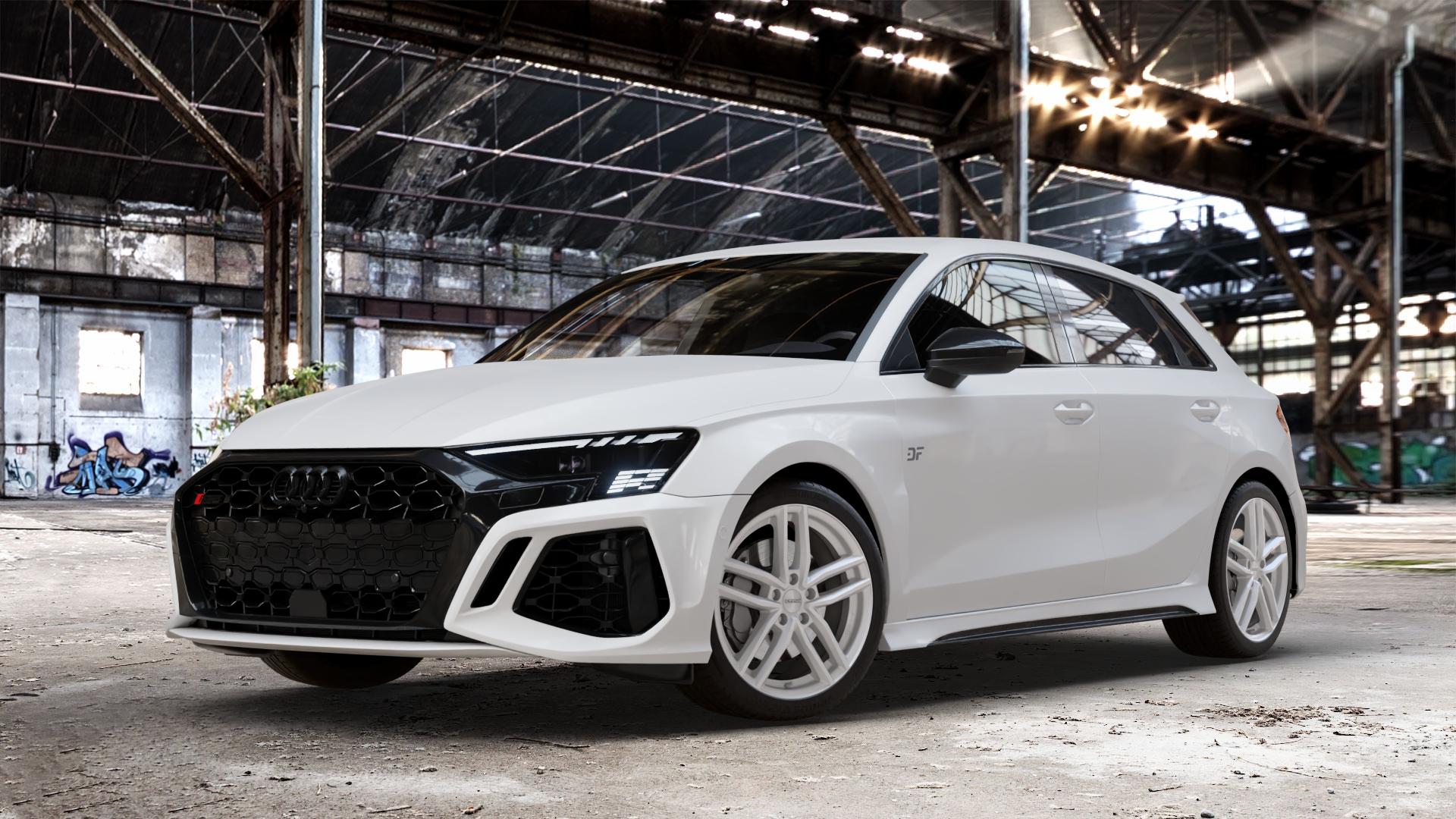 DEZENT TR SILVER Felge mit Reifen silber in 18Zoll Winterfelge Alufelge auf weissem Audi A3 Typ GY (Sportback) 2,5l TFSI quattro 294kW RS3 (400 PS) 299kW (407 ⬇️ mit 15mm Tieferlegung ⬇️ Old Industrial Hall_max_4400mm_2024 Frontansicht_1