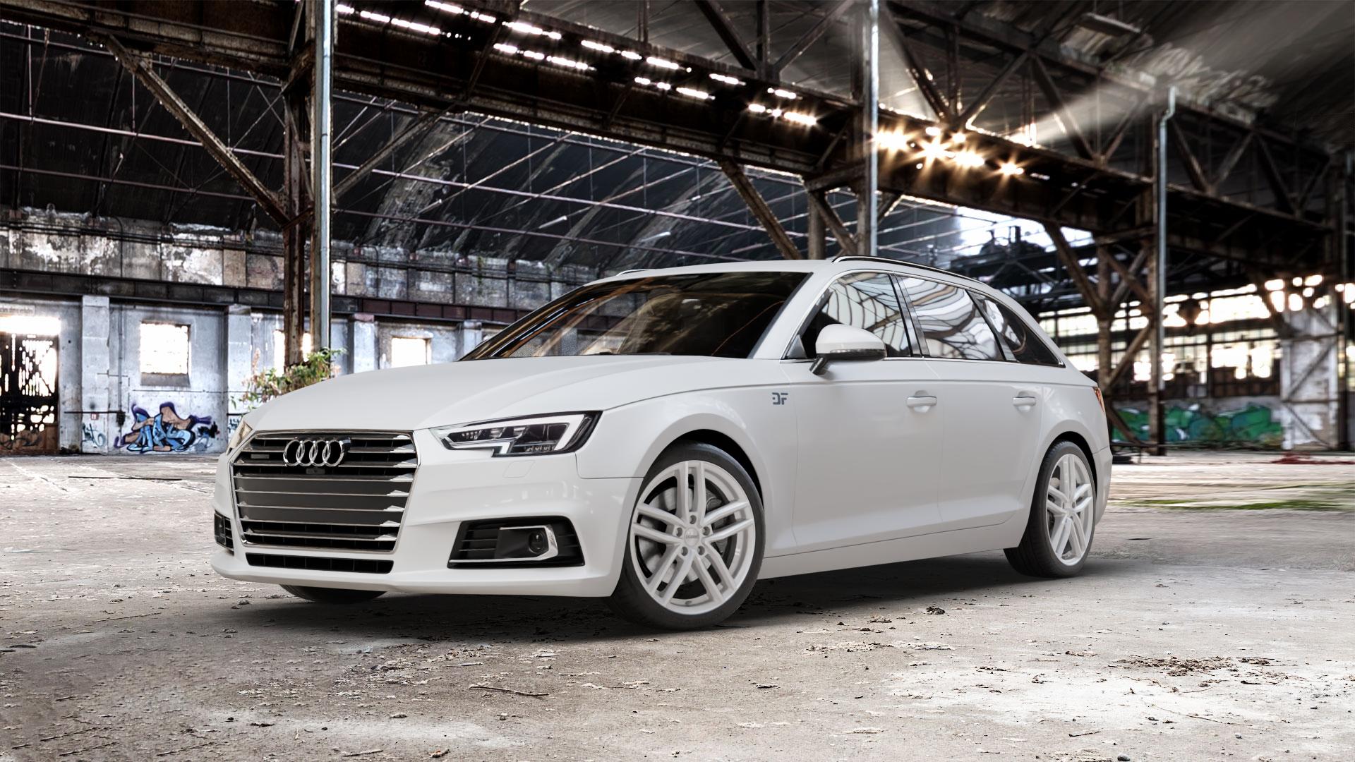 DEZENT TR SILVER Felge mit Reifen silber in 18Zoll Winterfelge Alufelge auf weissem Audi A4 Typ B9 (Avant) ⬇️ mit 15mm Tieferlegung ⬇️ Old Industrial Hall_max_5300mm_2024 Frontansicht_1