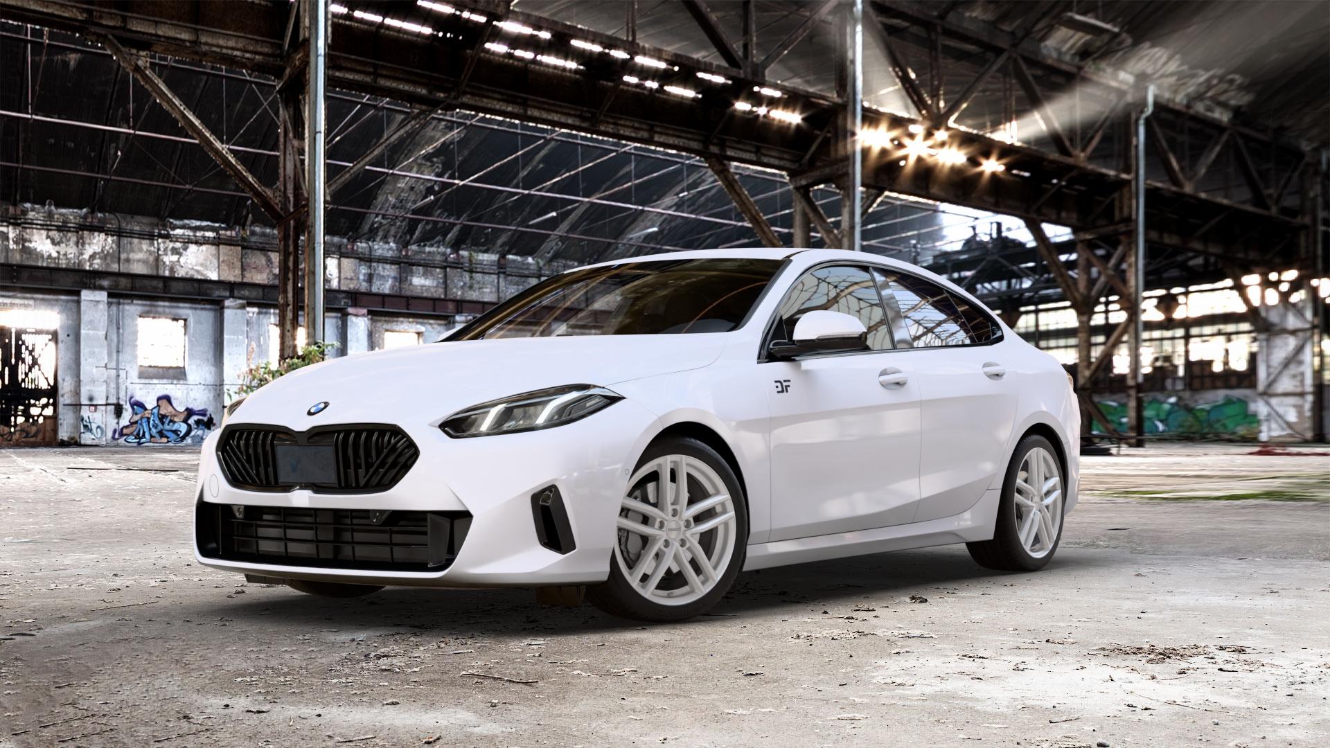 DEZENT TR SILVER Felge mit Reifen silber in 18Zoll Winterfelge Alufelge auf weissem BMW 220d Typ F74 (Gran Coupe) 2,0l 110kW Mild-Hybrid (150 PS) ⬇️ mit 15mm Tieferlegung ⬇️ Old Industrial Hall_max_5300mm_2024 Frontansicht_1