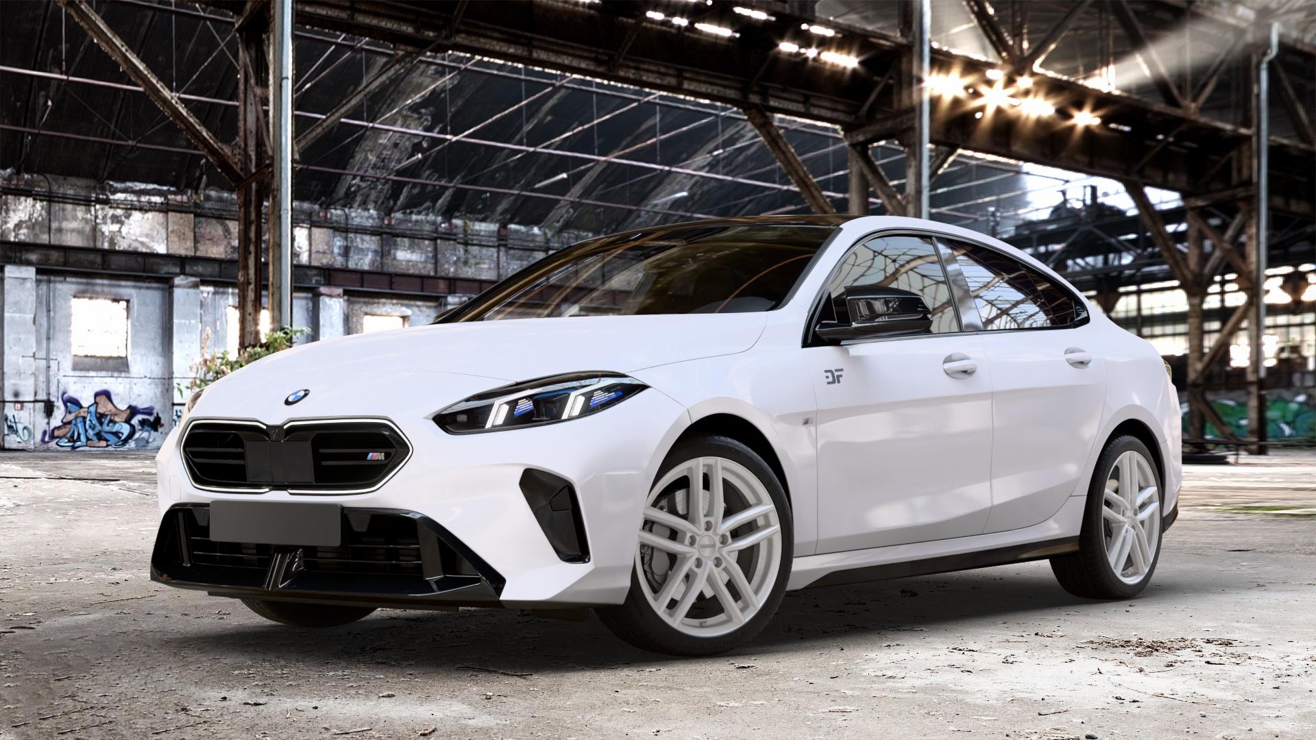 DEZENT TR SILVER Felge mit Reifen silber in 18Zoll Winterfelge Alufelge auf weissem BMW M235 xDrive Typ F74 (Gran Coupe) 2,0l 221kW (300 PS) 2er Gran Coupe (F7) ⬇️ mit 15mm Tieferlegung ⬇️ Old Industrial Hall_max_4400mm_2024 Frontansicht_1