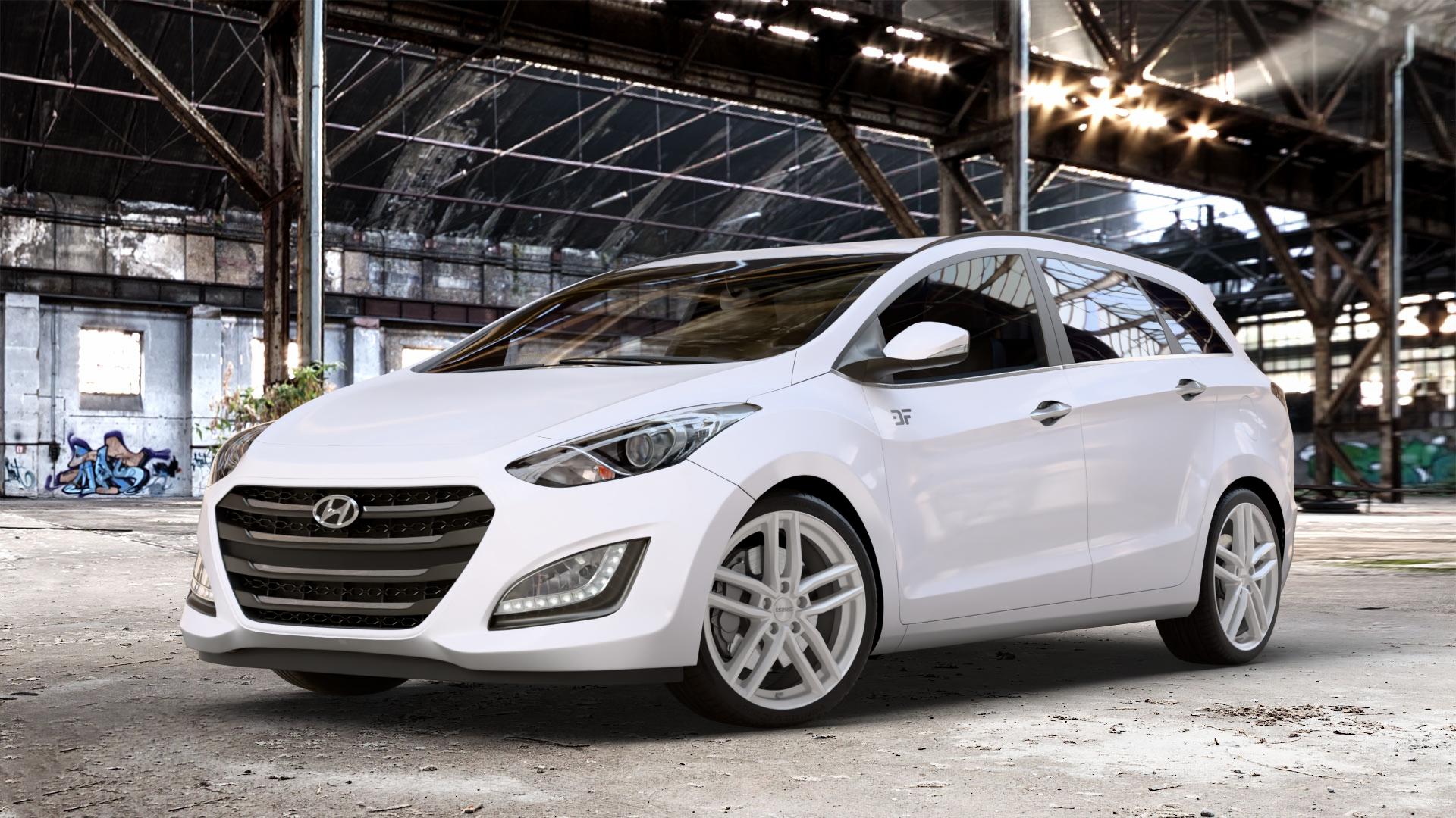 DEZENT TR SILVER Felge mit Reifen silber in 18Zoll Winterfelge Alufelge auf weissem Hyundai i30 Typ FDH Kombi GDH Facelift ⬇️ mit 15mm Tieferlegung ⬇️ Old Industrial Hall_max_4400mm_2024 Frontansicht_1