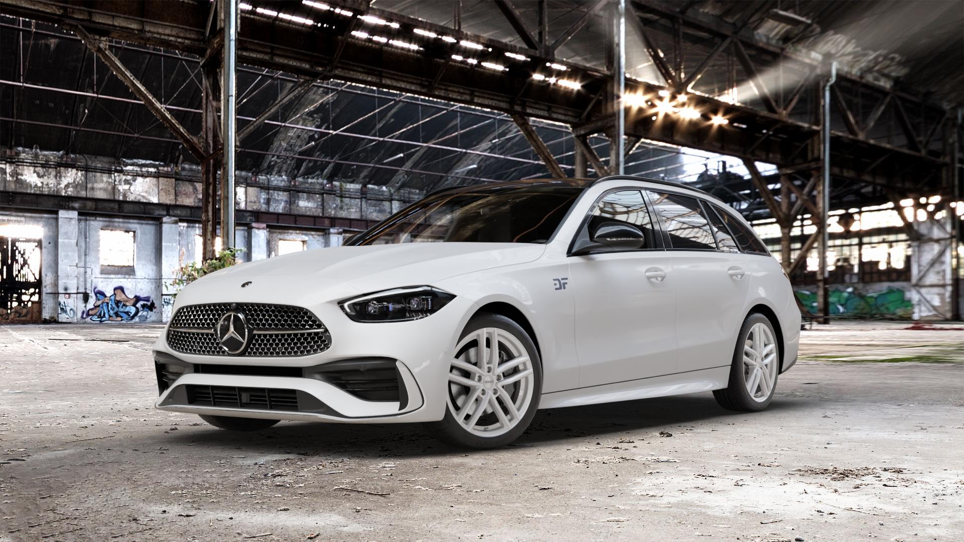 DEZENT TR SILVER Felge mit Reifen silber in 18Zoll Winterfelge Alufelge auf weissem Mercedes C-Klasse Typ S206 Kombi ⬇️ mit 15mm Tieferlegung ⬇️ Old Industrial Hall_max_5300mm_2024 Frontansicht_1