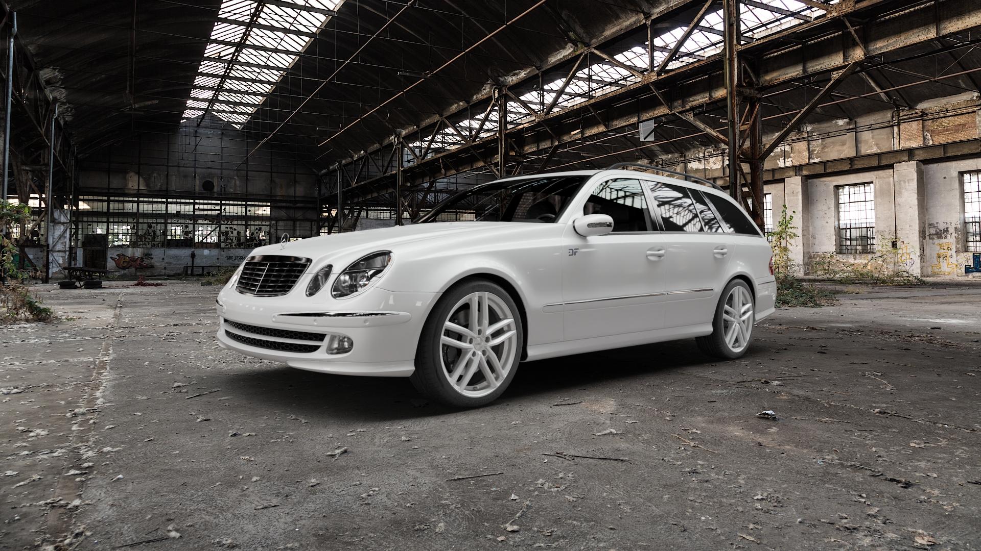 DEZENT TR SILVER Felge mit Reifen silber in 18Zoll Winterfelge Alufelge auf weissem Mercedes E-Klasse Typ S211 Kombi ⬇️ mit 15mm Tieferlegung ⬇️ Old Industrial Hall_max5000mm_2022 Frontansicht_1