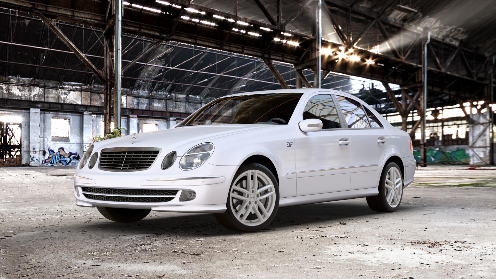 DEZENT TR SILVER Felge mit Reifen silber in 18Zoll Winterfelge Alufelge auf weissem Mercedes E-Klasse Typ W211 Limousine ⬇️ mit 15mm Tieferlegung ⬇️ Old Industrial Hall_max_5300mm_2024 Frontansicht_1