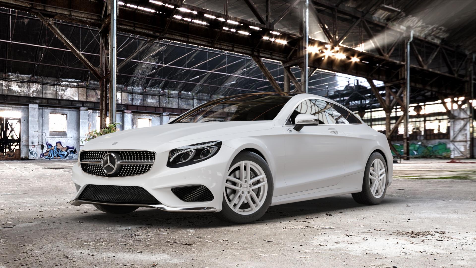 DEZENT TR SILVER Felge mit Reifen silber in 18Zoll Winterfelge Alufelge auf weissem Mercedes S-Klasse Typ C217 Facelift Coupe ⬇️ mit 15mm Tieferlegung ⬇️ Old Industrial Hall_max_5300mm_2024 Frontansicht_1