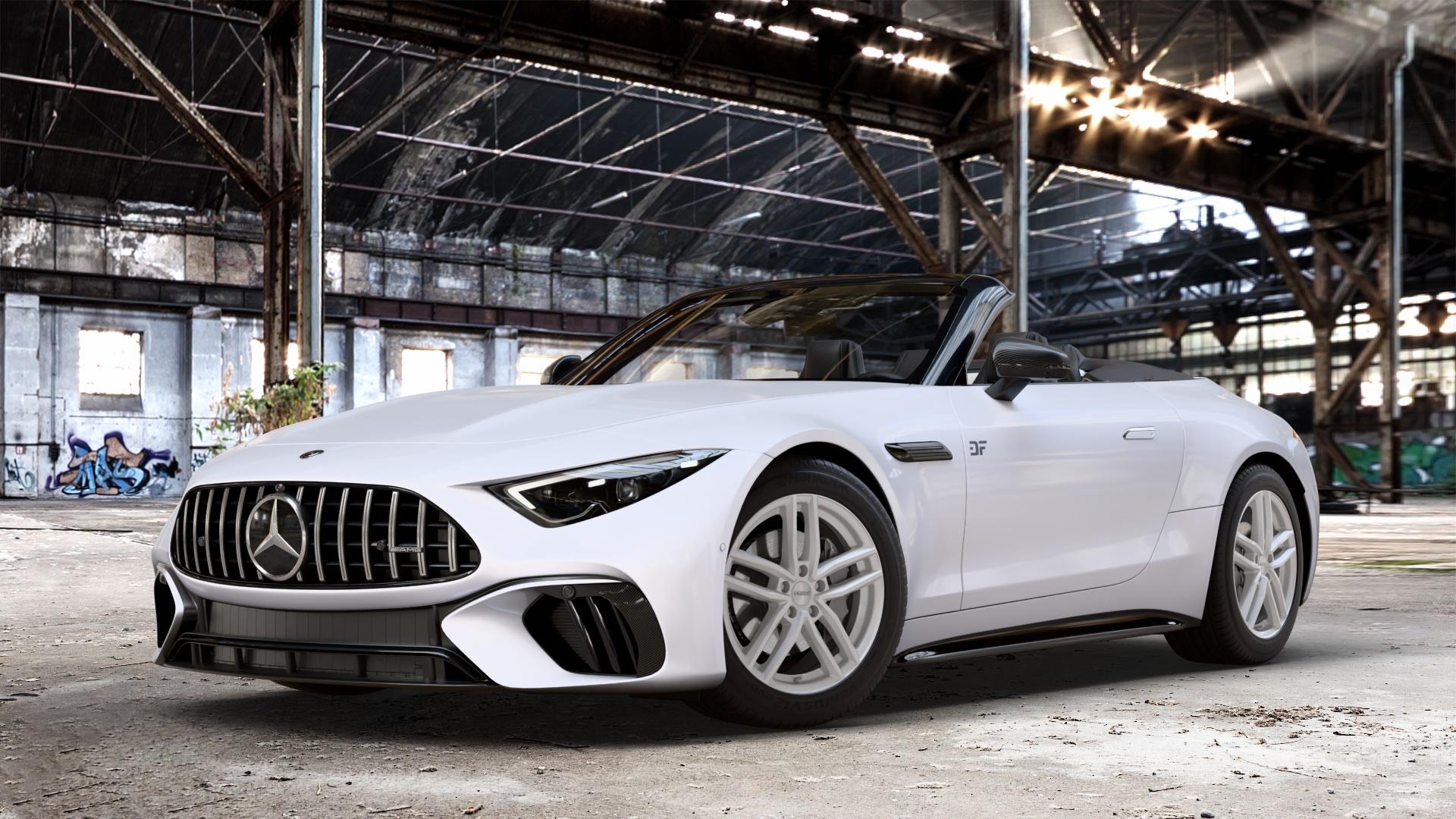 DEZENT TR SILVER Felge mit Reifen silber in 18Zoll Winterfelge Alufelge auf weissem Mercedes SL Typ R232 2,0l 43 280kW Mild-Hybrid (381 PS) 4,0l 55 4MATIC+ 350kW (476 63 430kW (585 ⬇️ mit 15mm Tieferlegung ⬇️ Old Industrial Hall_max_4400mm_2024 Frontansicht_1