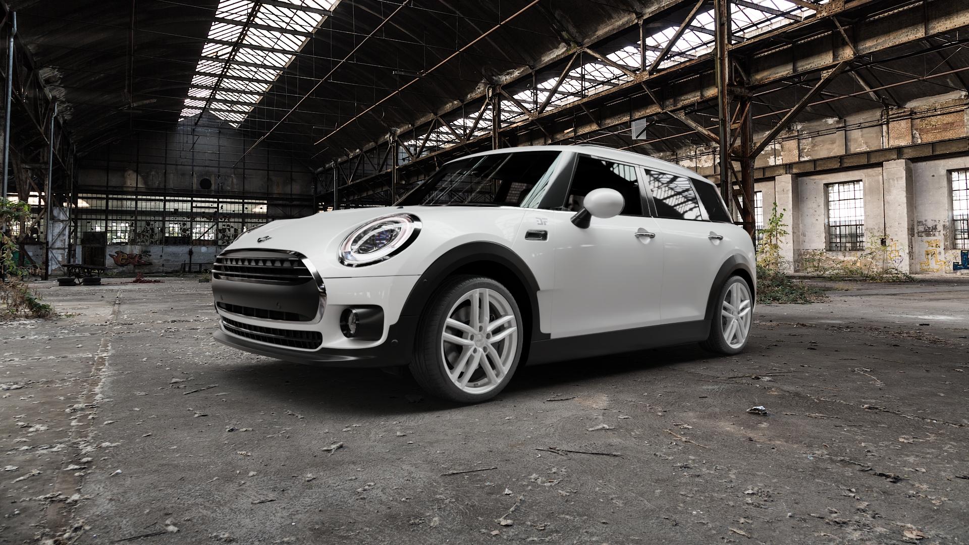 DEZENT TR SILVER Felge mit Reifen silber in 18Zoll Winterfelge Alufelge auf weissem Mini F54 Typ UKL-L (Clubman) FMK ⬇️ mit 15mm Tieferlegung ⬇️ Old Industrial Hall_max5000mm_2022 Frontansicht_1