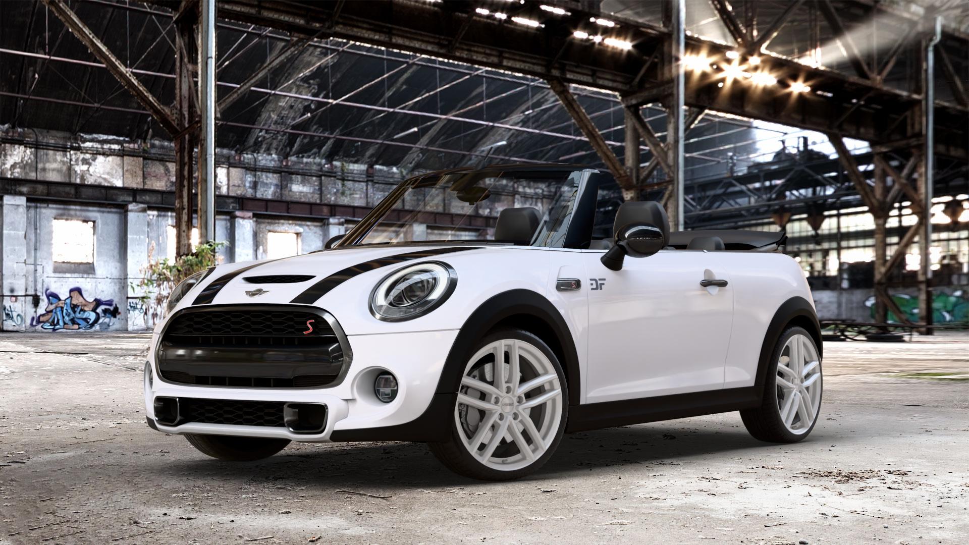 DEZENT TR SILVER Felge mit Reifen silber in 18Zoll Winterfelge Alufelge auf weissem Mini F57 Typ UKL-L (Cabriolet) 2,0l Cooper S 141kW (192 PS) SD 125kW (170 JCW 170kW (231 FMCA 155kW (211 120kW (163 Facelift ⬇️ mit 15mm Tieferlegung ⬇️ Old Industrial Hall_max_4400mm_2024 Frontansicht_1