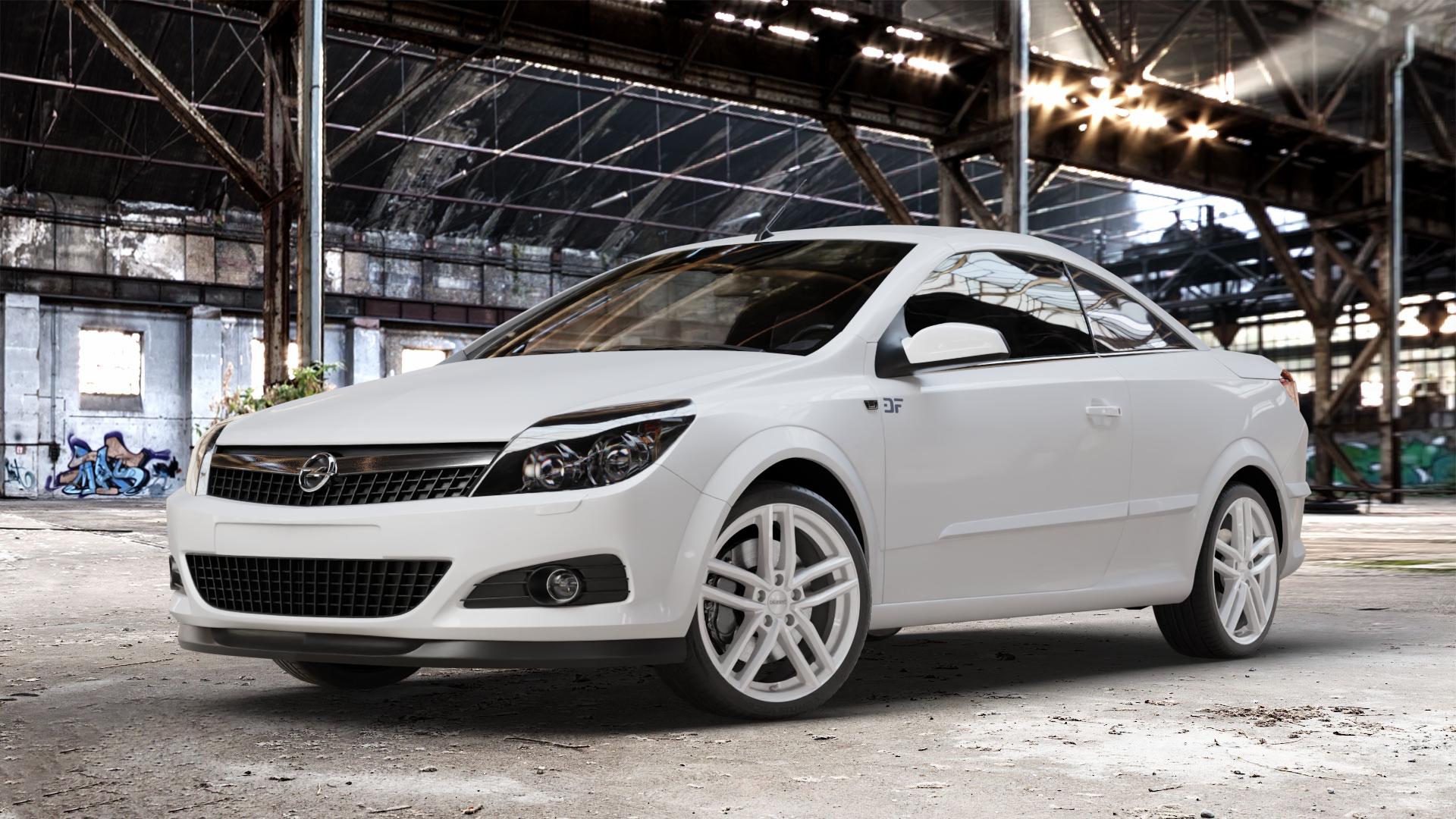 DEZENT TR SILVER Felge mit Reifen silber in 18Zoll Winterfelge Alufelge auf weissem Opel Astra H Twin Top Typ A-H/C ⬇️ mit 15mm Tieferlegung ⬇️ Old Industrial Hall_max_4400mm_2024 Frontansicht_1