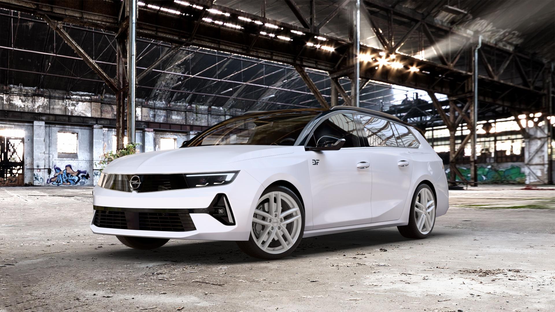 DEZENT TR SILVER Felge mit Reifen silber in 18Zoll Winterfelge Alufelge auf weissem Opel Astra L Sports Tourer Typ F Facelift ⬇️ mit 15mm Tieferlegung ⬇️ Old Industrial Hall_max_5300mm_2024 Frontansicht_1