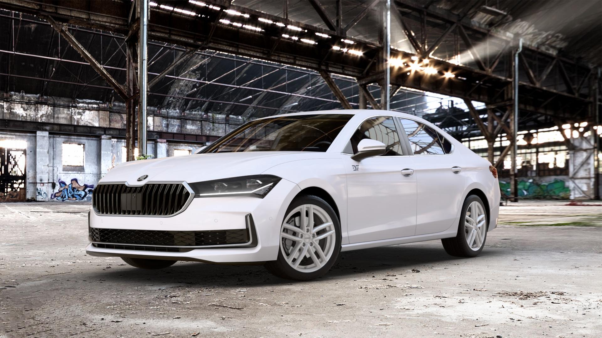 DEZENT TR SILVER Felge mit Reifen silber in 18Zoll Winterfelge Alufelge auf weissem Skoda Superb IV Typ NZ ⬇️ mit 15mm Tieferlegung ⬇️ Old Industrial Hall_max_5300mm_2024 Frontansicht_1
