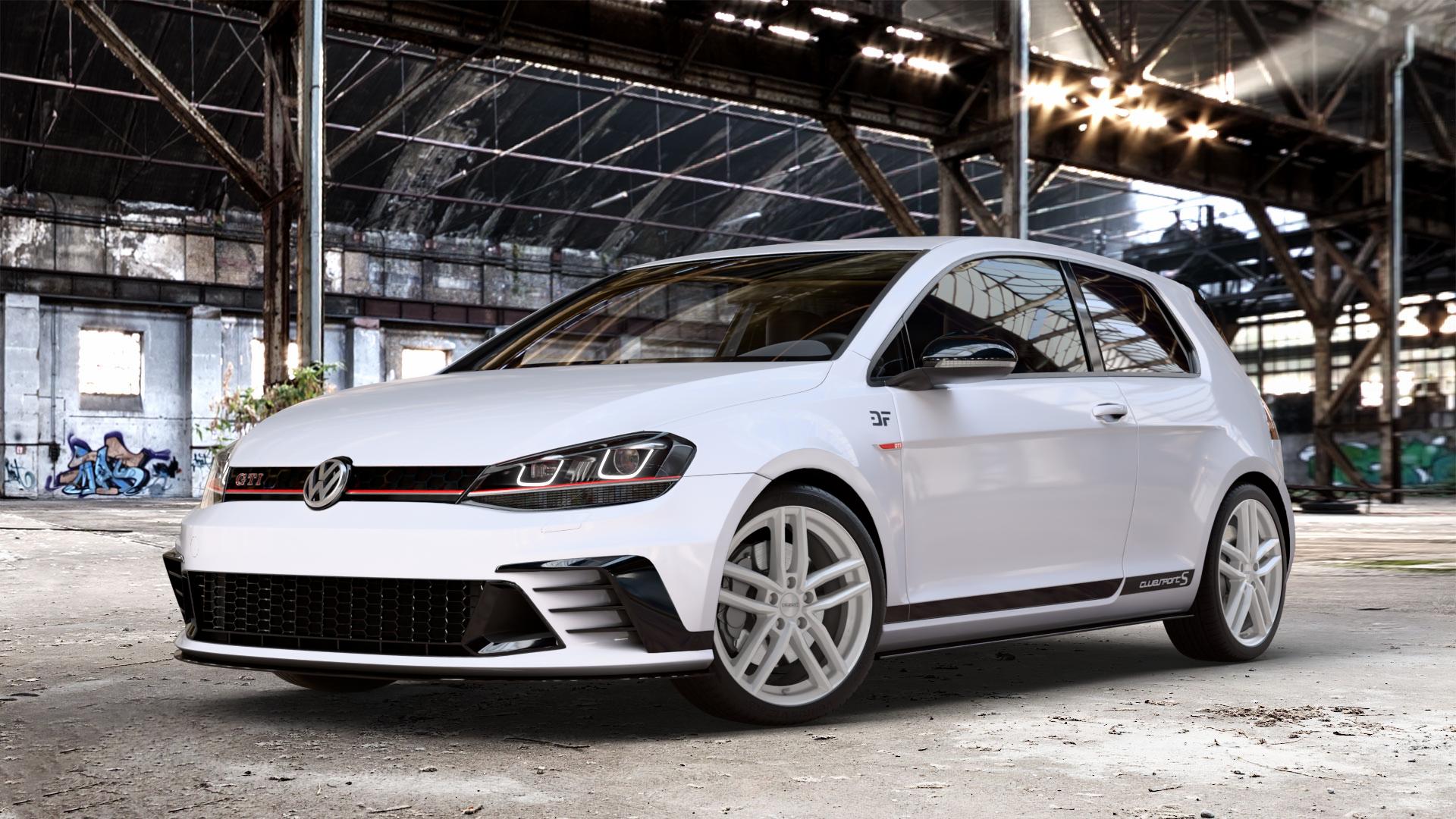 DEZENT TR SILVER Felge mit Reifen silber in 18Zoll Winterfelge Alufelge auf weissem unilack Volkswagen (VW) Golf 7 2,0l GTI Clubsport 195kW (265 PS) S 228kW (310 Facelift TCR 213kW (290 ⬇️ mit 15mm Tieferlegung ⬇️ Old Industrial Hall_max_4400mm_2024 Frontansicht_1