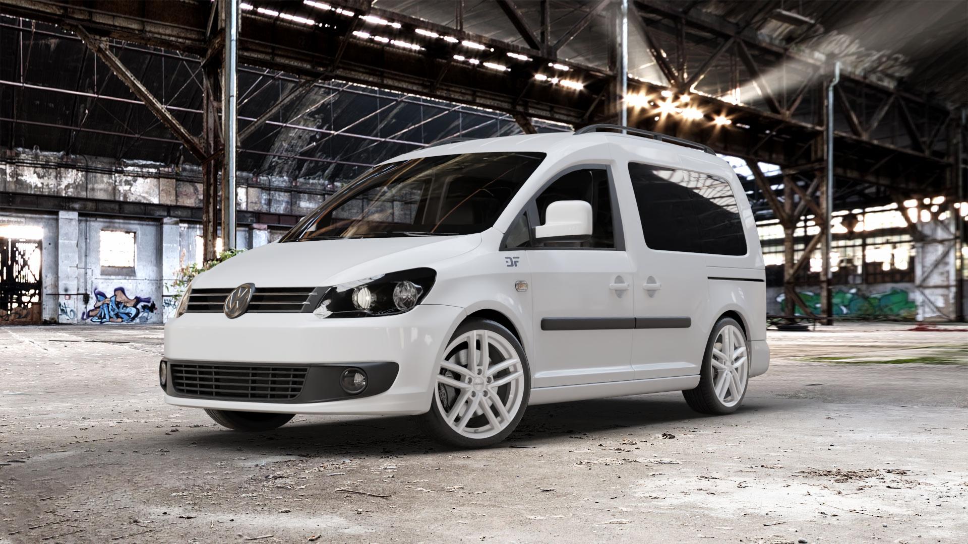 DEZENT TR SILVER Felge mit Reifen silber in 18Zoll Winterfelge Alufelge auf weissem Volkswagen (VW) Caddy 3 ⬇️ mit 15mm Tieferlegung ⬇️ Old Industrial Hall_max_5300mm_2024 Frontansicht_1