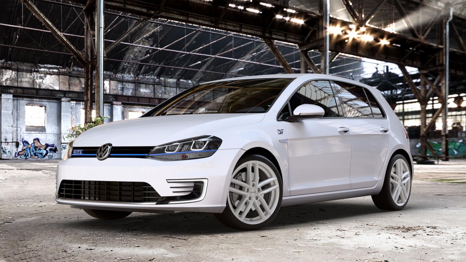 DEZENT TR SILVER Felge mit Reifen silber in 18Zoll Winterfelge Alufelge auf weissem Volkswagen (VW) Golf 7 1,4l GTE Hybrid 110kW (150 PS) Facelift 0,0l e-Golf 100kW (136 ⬇️ mit 15mm Tieferlegung ⬇️ Old Industrial Hall_max_4400mm_2024 Frontansicht_1