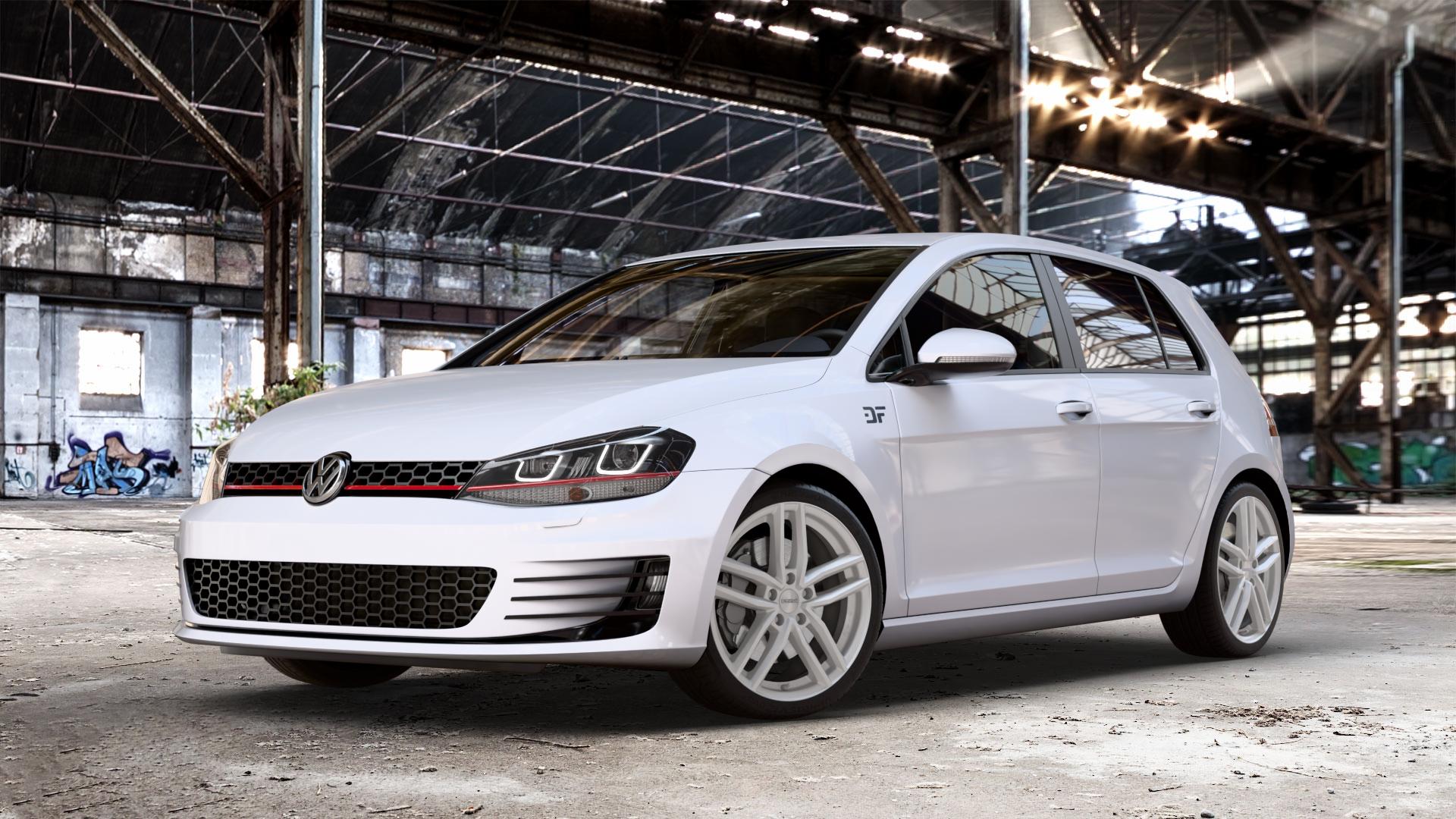 DEZENT TR SILVER Felge mit Reifen silber in 18Zoll Winterfelge Alufelge auf weissem Volkswagen (VW) Golf 7 2,0l GTI 162kW (220 PS) Performance 169kW (230 ⬇️ mit 15mm Tieferlegung ⬇️ Old Industrial Hall_max_4400mm_2024 Frontansicht_1