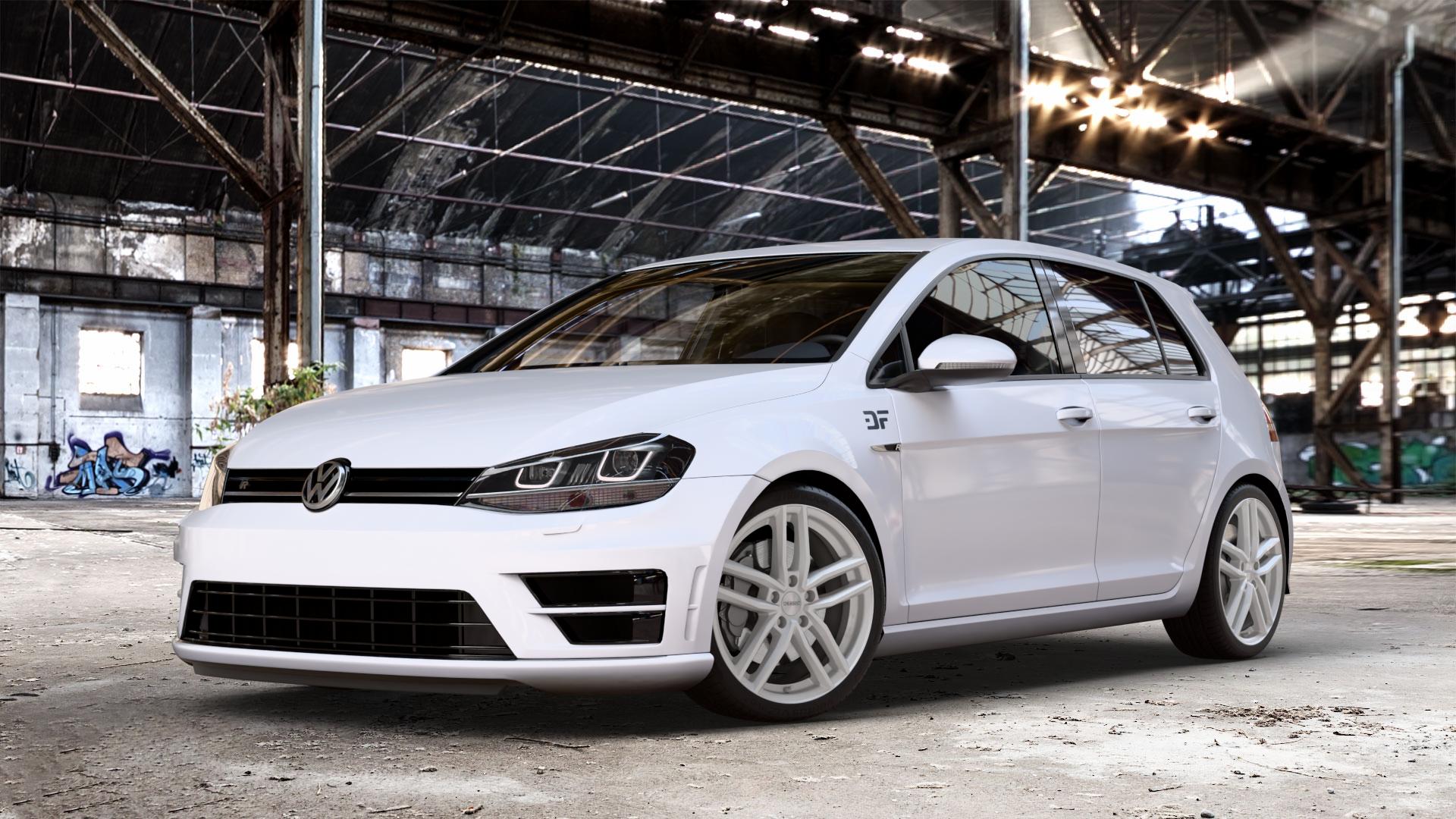 DEZENT TR SILVER Felge mit Reifen silber in 18Zoll Winterfelge Alufelge auf weissem Volkswagen (VW) Golf 7 2,0l R 4motion 221kW (300 PS) ⬇️ mit 15mm Tieferlegung ⬇️ Old Industrial Hall_max_4400mm_2024 Frontansicht_1