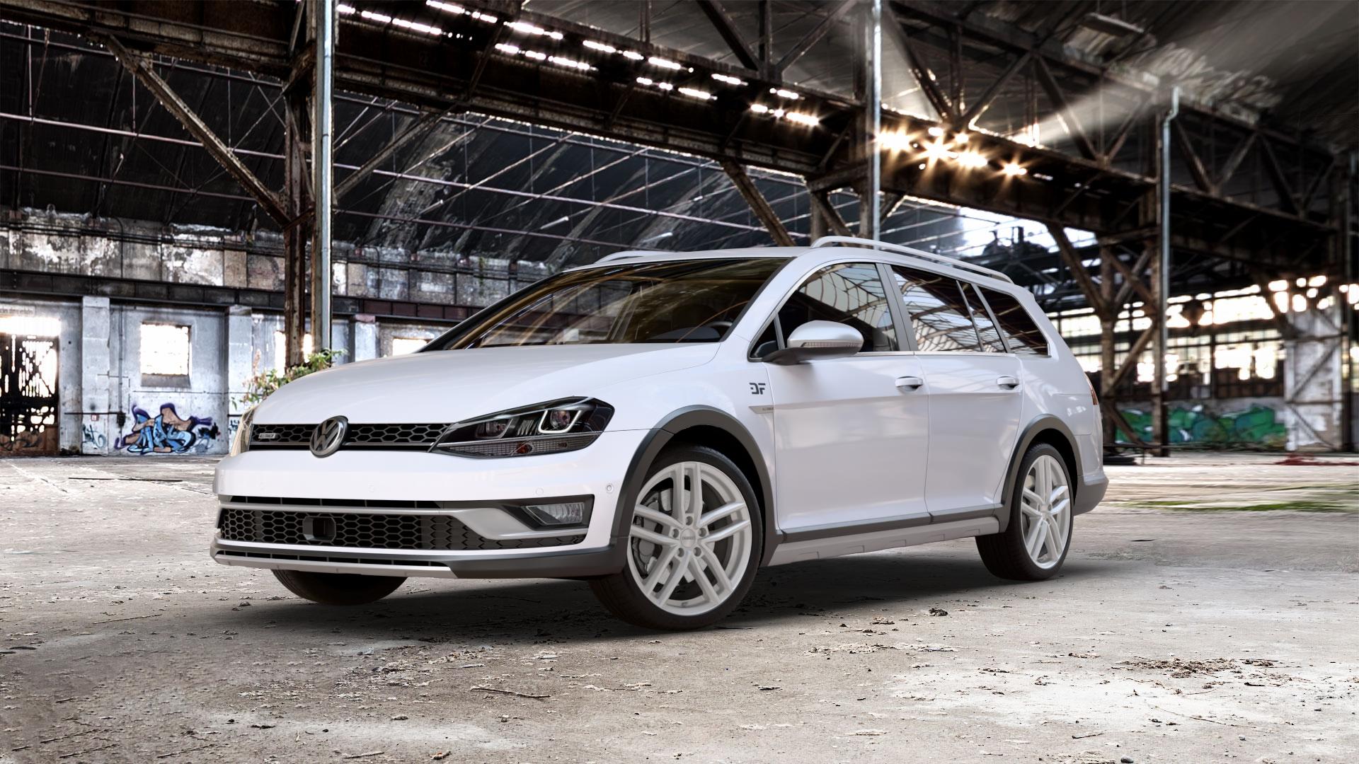 DEZENT TR SILVER Felge mit Reifen silber in 18Zoll Winterfelge Alufelge auf weissem Volkswagen (VW) Golf 7 Alltrack 1,6l TDI 4Motion 81kW (110 PS) 2,0l 110kW (150 1,8l TSI 132kW (179 ⬇️ mit 15mm Tieferlegung ⬇️ Old Industrial Hall_max_5300mm_2024 Frontansicht_1