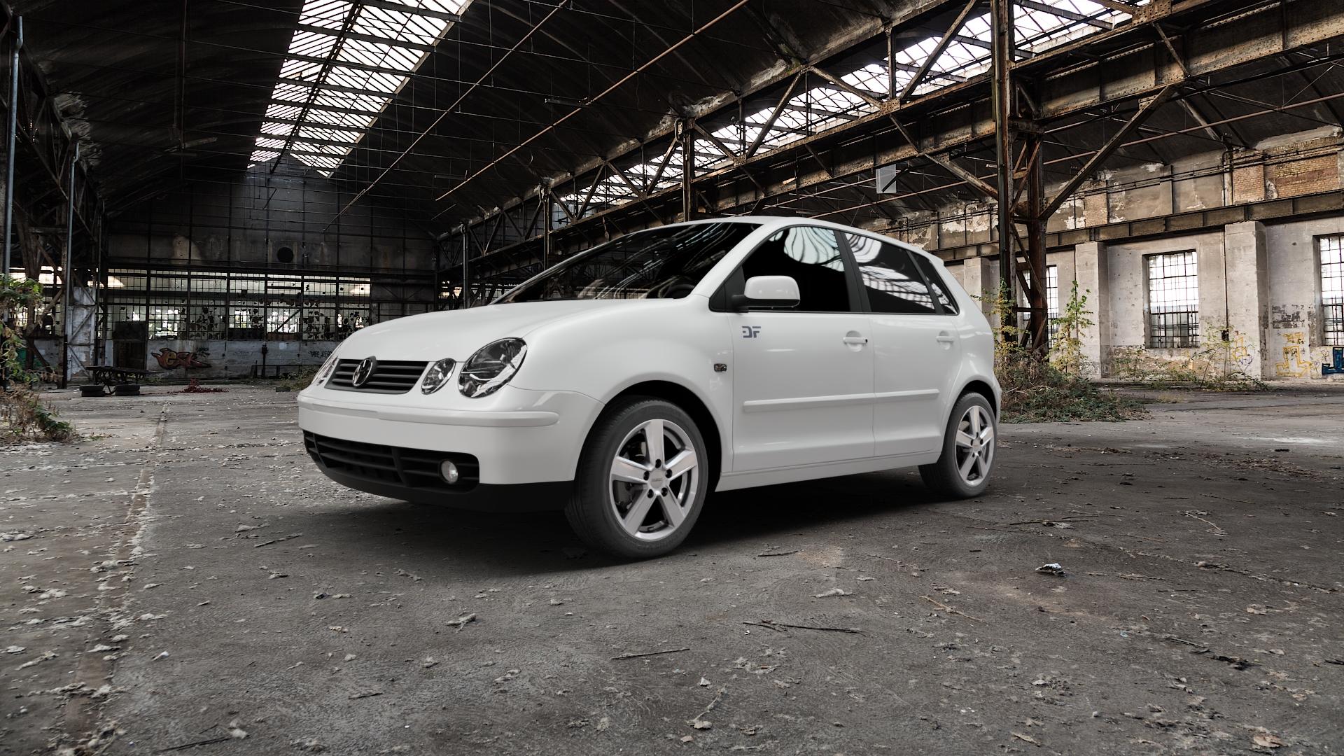 DEZENT TU SILVER Felge mit Reifen silber in 15Zoll Winterfelge Alufelge auf weissem Volkswagen (VW) Polo IV Typ 9N/9N3 Cross 9N Stufenheck Fun ⬇️ mit 15mm Tieferlegung ⬇️ Old Industrial Hall_max5000mm_2022 Frontansicht_1