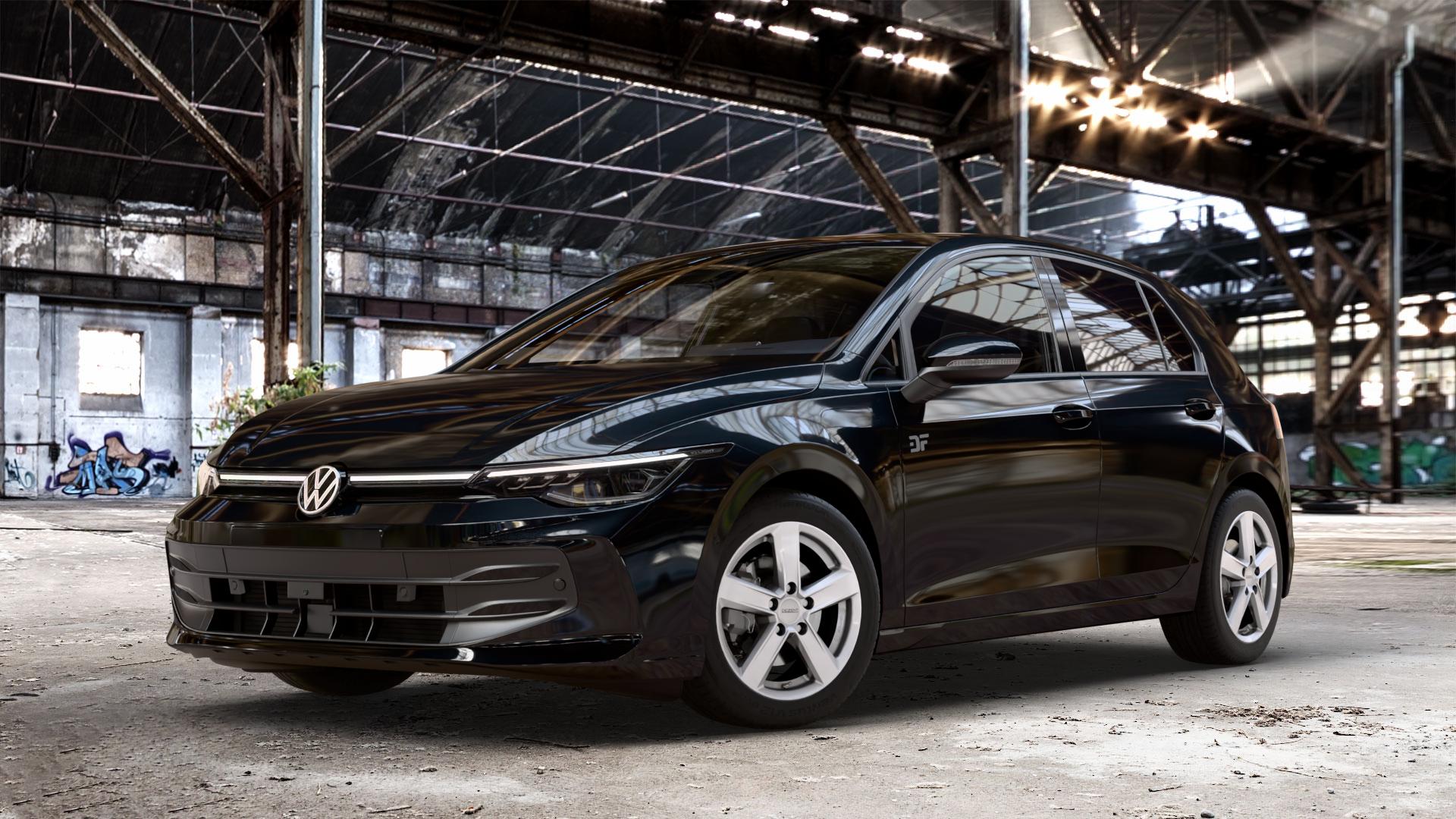DEZENT TU SILVER Felge mit Reifen silber in 16Zoll Winterfelge Alufelge auf schwarzem Volkswagen (VW) Golf 8 Facelift ⬇️ mit 15mm Tieferlegung ⬇️ Old Industrial Hall_max_4400mm_2024 Frontansicht_1