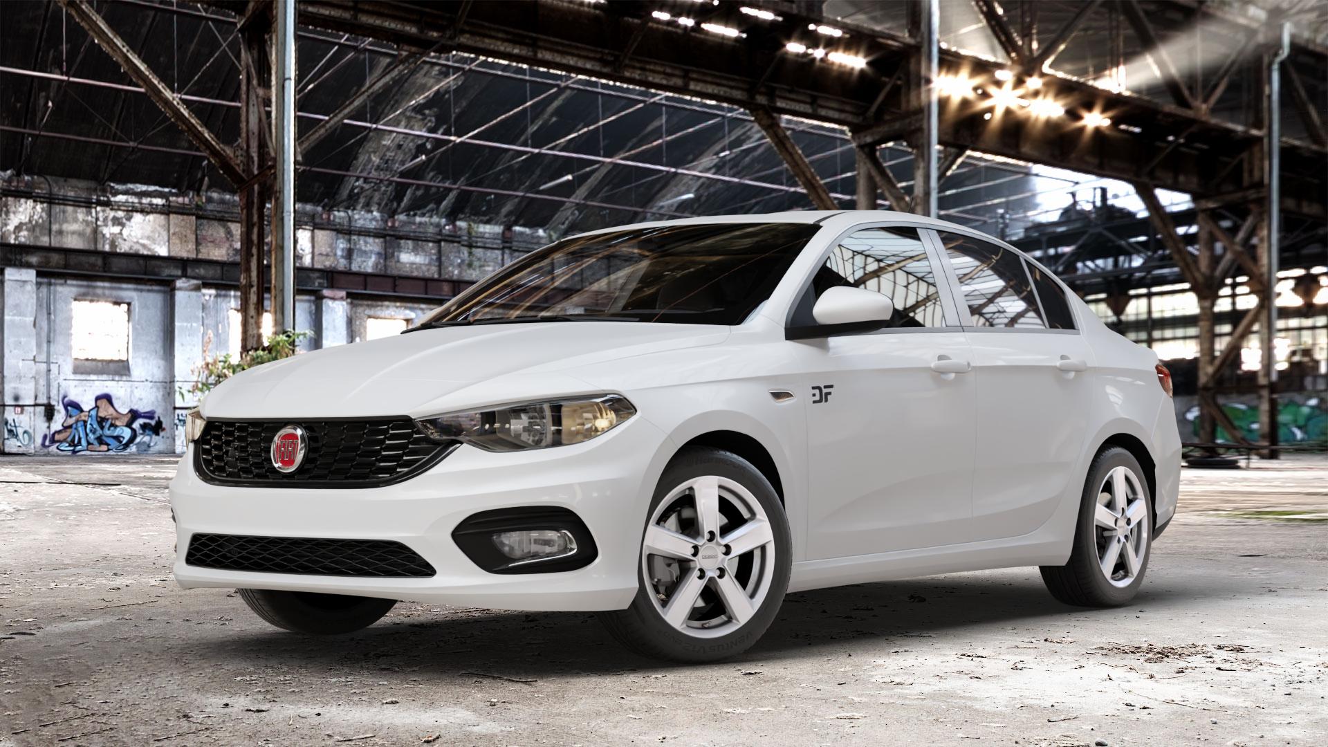 DEZENT TU SILVER Felge mit Reifen silber in 16Zoll Winterfelge Alufelge auf weissem Fiat Tipo II Limousine Typ 356 ⬇️ mit 15mm Tieferlegung ⬇️ Old Industrial Hall_max_4400mm_2024 Frontansicht_1