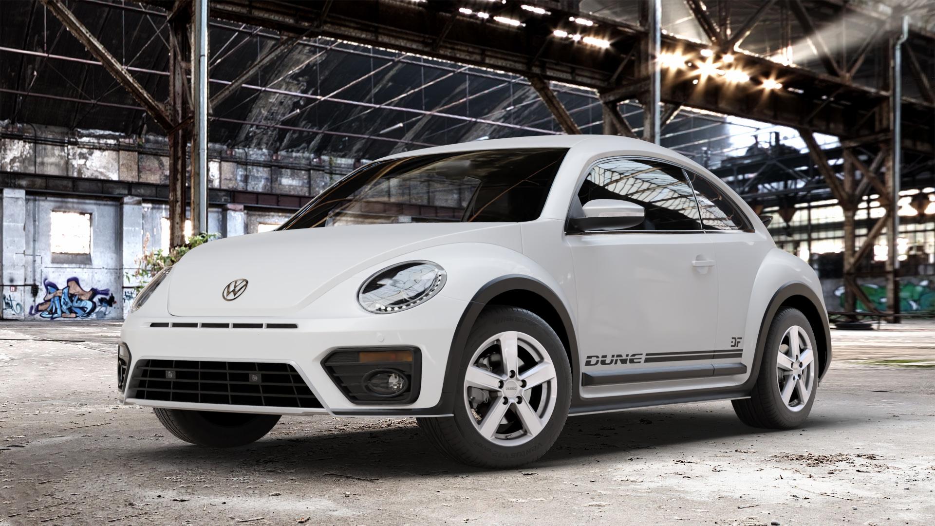 DEZENT TU SILVER Felge mit Reifen silber in 16Zoll Winterfelge Alufelge auf weissem Volkswagen (VW) Beetle Dune Typ 16 ⬇️ mit 15mm Tieferlegung ⬇️ Old Industrial Hall_max_4400mm_2024 Frontansicht_1