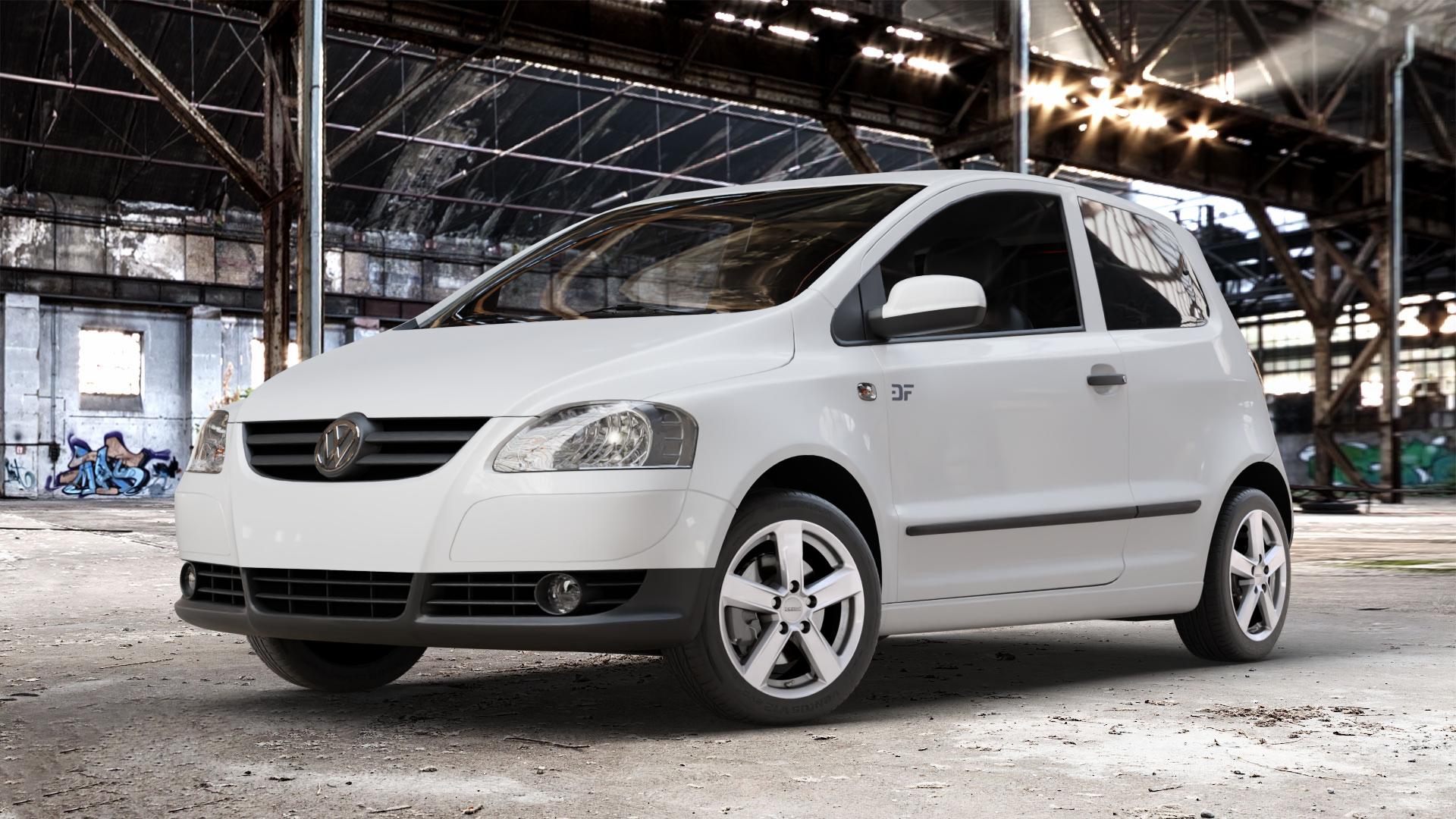 DEZENT TU SILVER Felge mit Reifen silber in 16Zoll Winterfelge Alufelge auf weissem Volkswagen (VW) Fox ⬇️ mit 15mm Tieferlegung ⬇️ Old Industrial Hall_max_4400mm_2024 Frontansicht_1