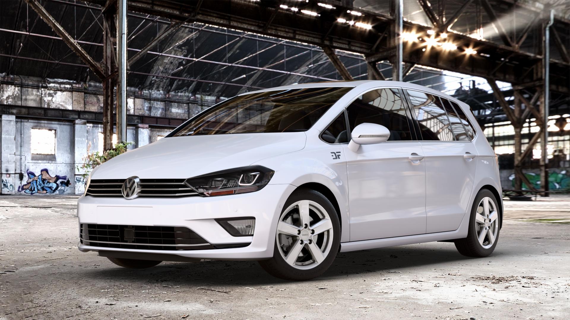 DEZENT TU SILVER Felge mit Reifen silber in 16Zoll Winterfelge Alufelge auf weissem Volkswagen (VW) Golf 7 Sportsvan Facelift ⬇️ mit 15mm Tieferlegung ⬇️ Old Industrial Hall_max_4400mm_2024 Frontansicht_1
