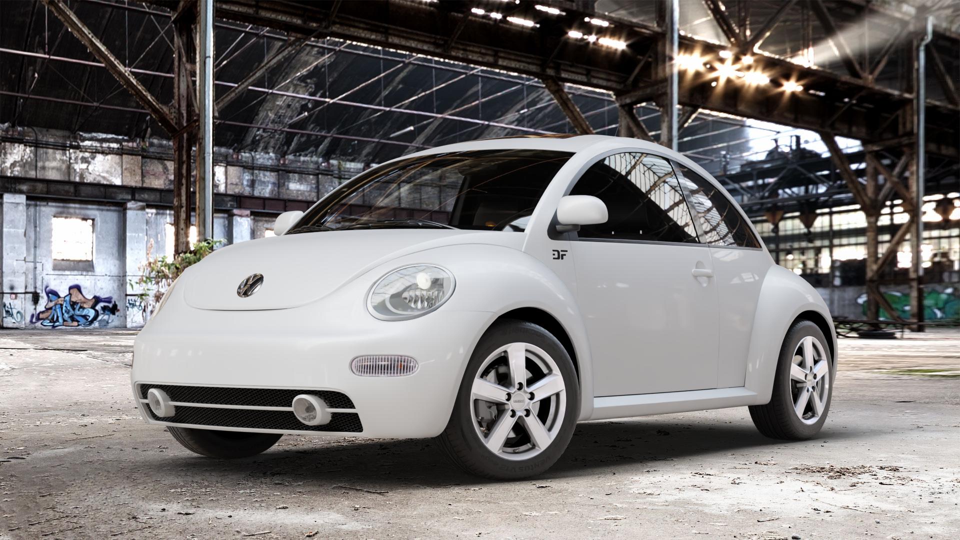 DEZENT TU SILVER Felge mit Reifen silber in 16Zoll Winterfelge Alufelge auf weissem Volkswagen (VW) New Beetle Typ 9C ⬇️ mit 15mm Tieferlegung ⬇️ Old Industrial Hall_max_4400mm_2024 Frontansicht_1