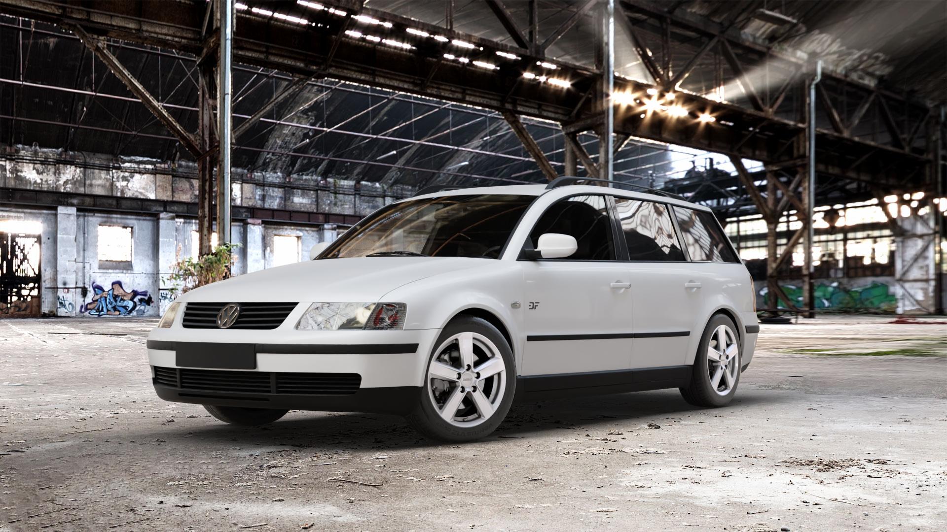 DEZENT TU SILVER Felge mit Reifen silber in 16Zoll Winterfelge Alufelge auf weissem Volkswagen (VW) Passat 3B Limousine Variant 3BG ⬇️ mit 15mm Tieferlegung ⬇️ Old Industrial Hall_max_5300mm_2024 Frontansicht_1