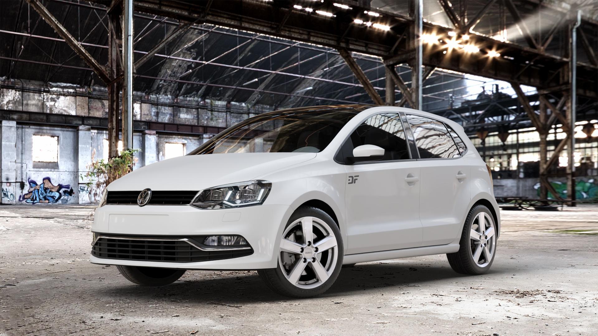 DEZENT TU SILVER Felge mit Reifen silber in 16Zoll Winterfelge Alufelge auf weissem Volkswagen (VW) Polo V Typ 6C ⬇️ mit 15mm Tieferlegung ⬇️ Old Industrial Hall_max_4400mm_2024 Frontansicht_1