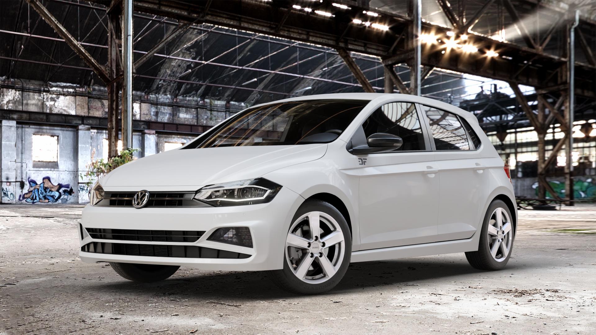 DEZENT TU SILVER Felge mit Reifen silber in 16Zoll Winterfelge Alufelge auf weissem Volkswagen (VW) Polo VI Typ AW ⬇️ mit 15mm Tieferlegung ⬇️ Old Industrial Hall_max_4400mm_2024 Frontansicht_1