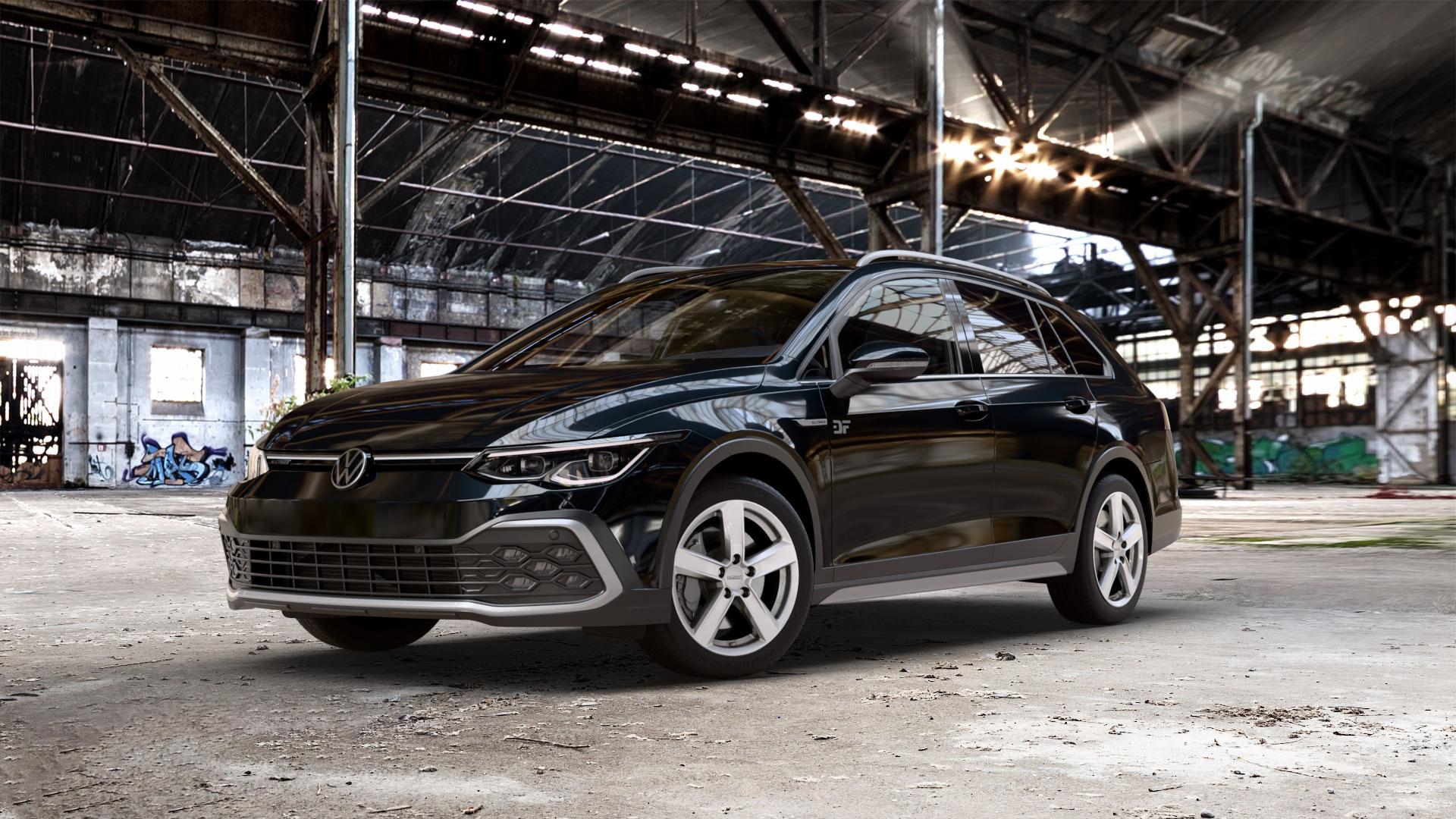 DEZENT TU SILVER Felge mit Reifen silber in 17Zoll Winterfelge Alufelge auf metallic schwarzem Volkswagen (VW) Golf 8 Variant Alltrack 2,0l TDI 4Motion 147kW (200 PS) ⬇️ mit 15mm Tieferlegung ⬇️ Old Industrial Hall_max_5300mm_2024 Frontansicht_1