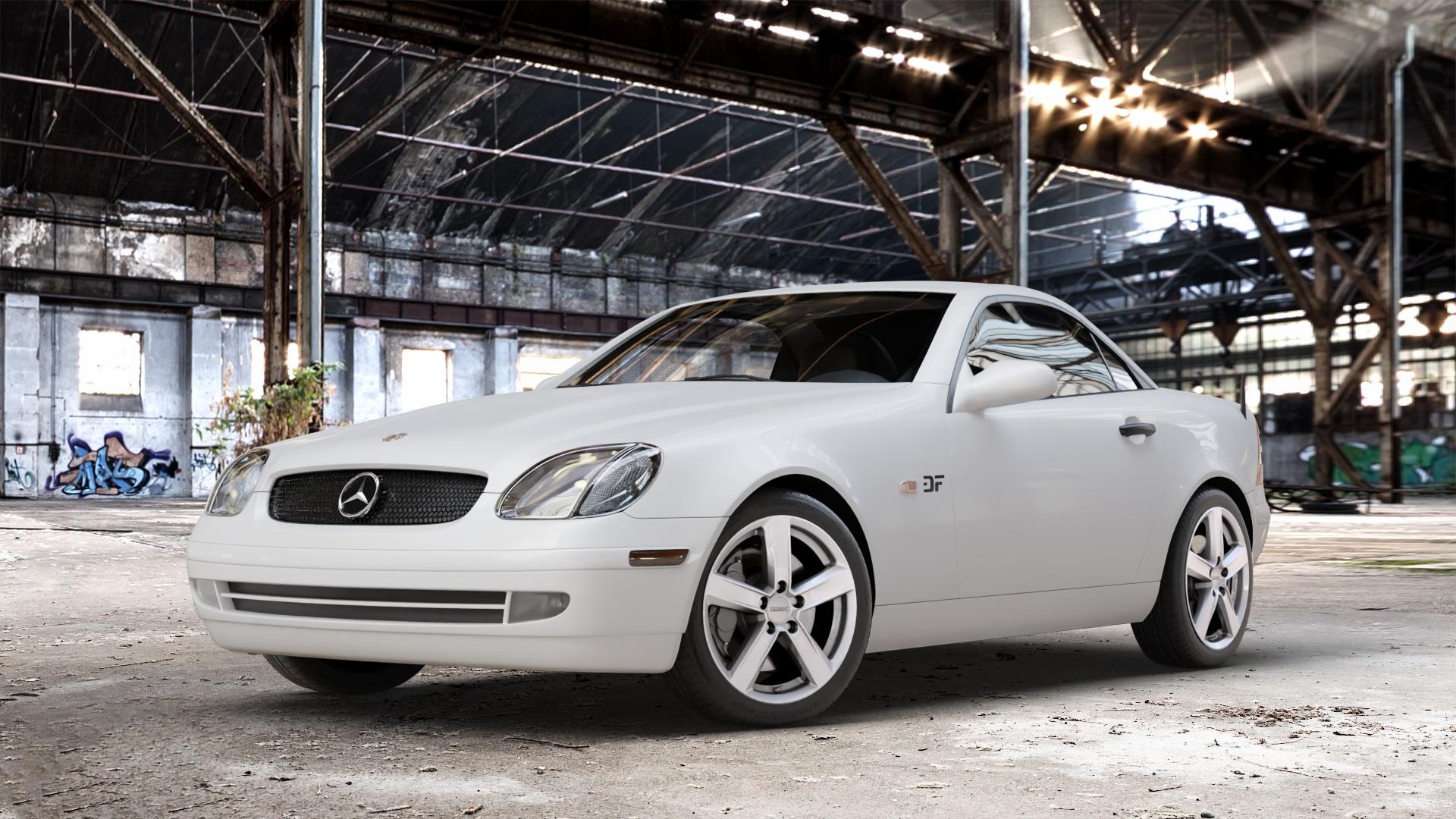 DEZENT TU SILVER Felge mit Reifen silber in 17Zoll Winterfelge Alufelge auf weissem Mercedes SLK Typ R170 ⬇️ mit 15mm Tieferlegung ⬇️ Old Industrial Hall_max_4400mm_2024 Frontansicht_1