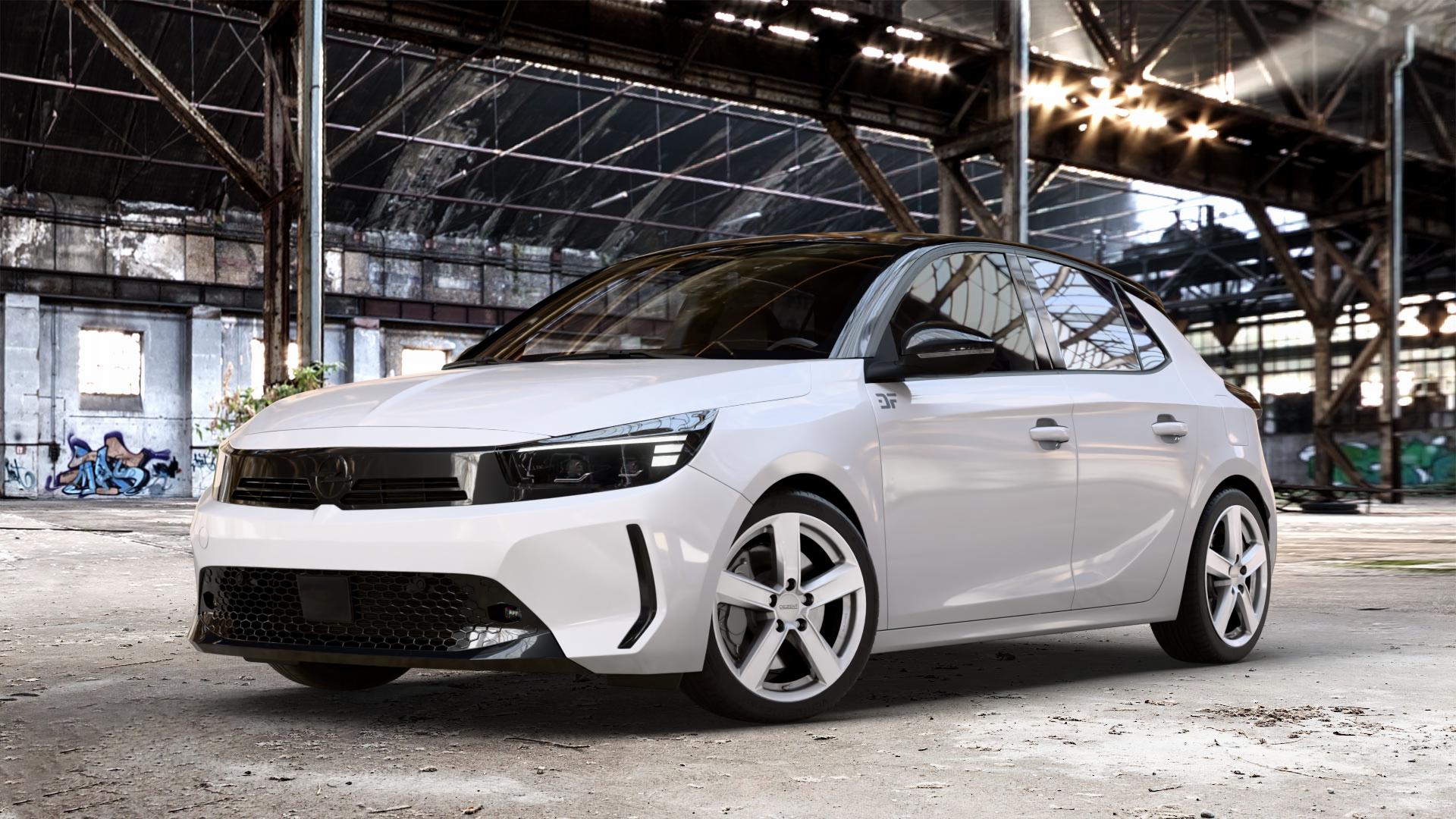 DEZENT TU SILVER Felge mit Reifen silber in 17Zoll Winterfelge Alufelge auf weissem Opel Corsa F Typ U Facelift 0,0l 57kW Corsa-e (77 PS) 62kW (84 1,2l Turbo 74kW Mild-Hybrid (101 100kW (136 ⬇️ mit 15mm Tieferlegung ⬇️ Old Industrial Hall_max_4400mm_2024 Frontansicht_1